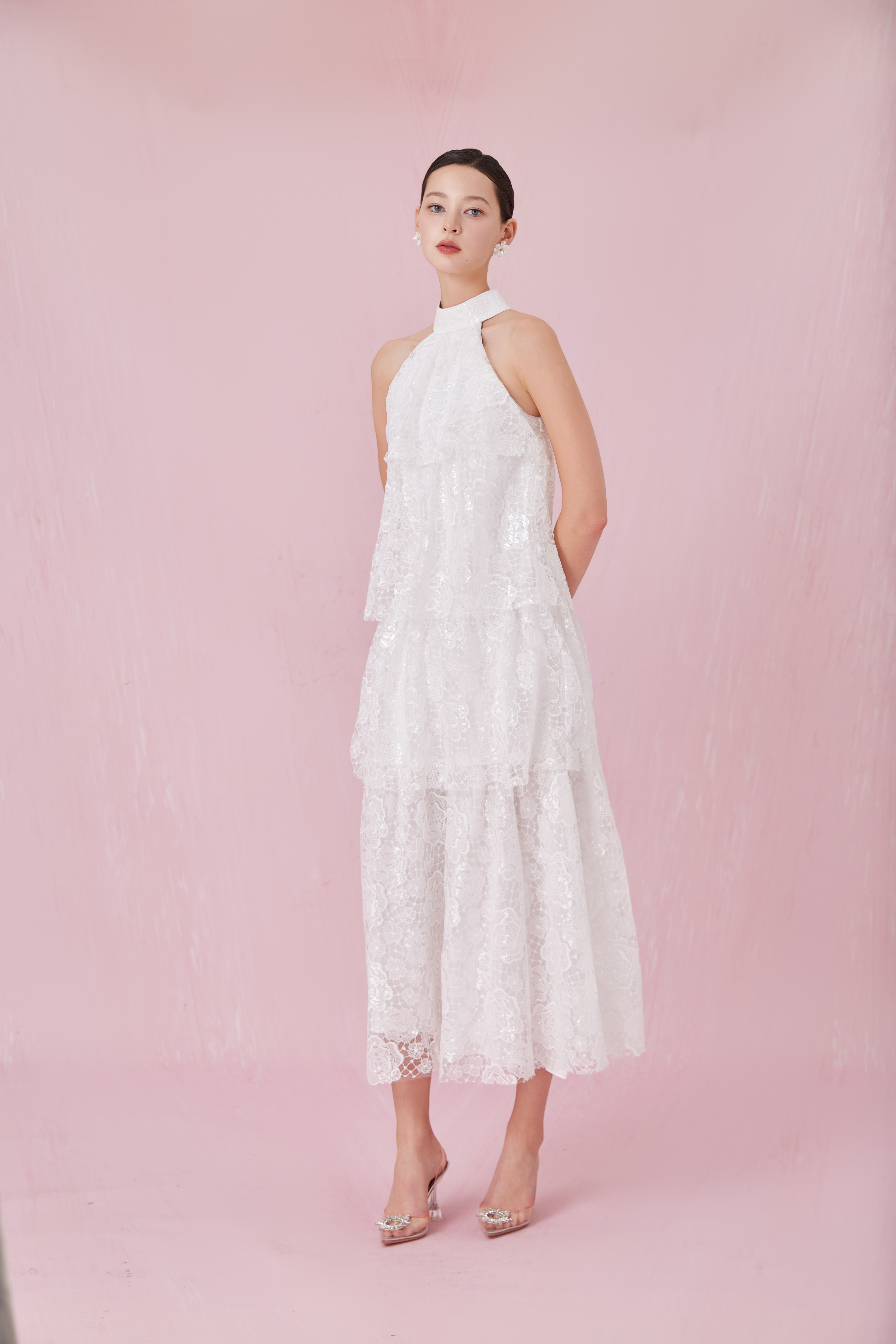 Chantil White Halter Neck Tier Dress