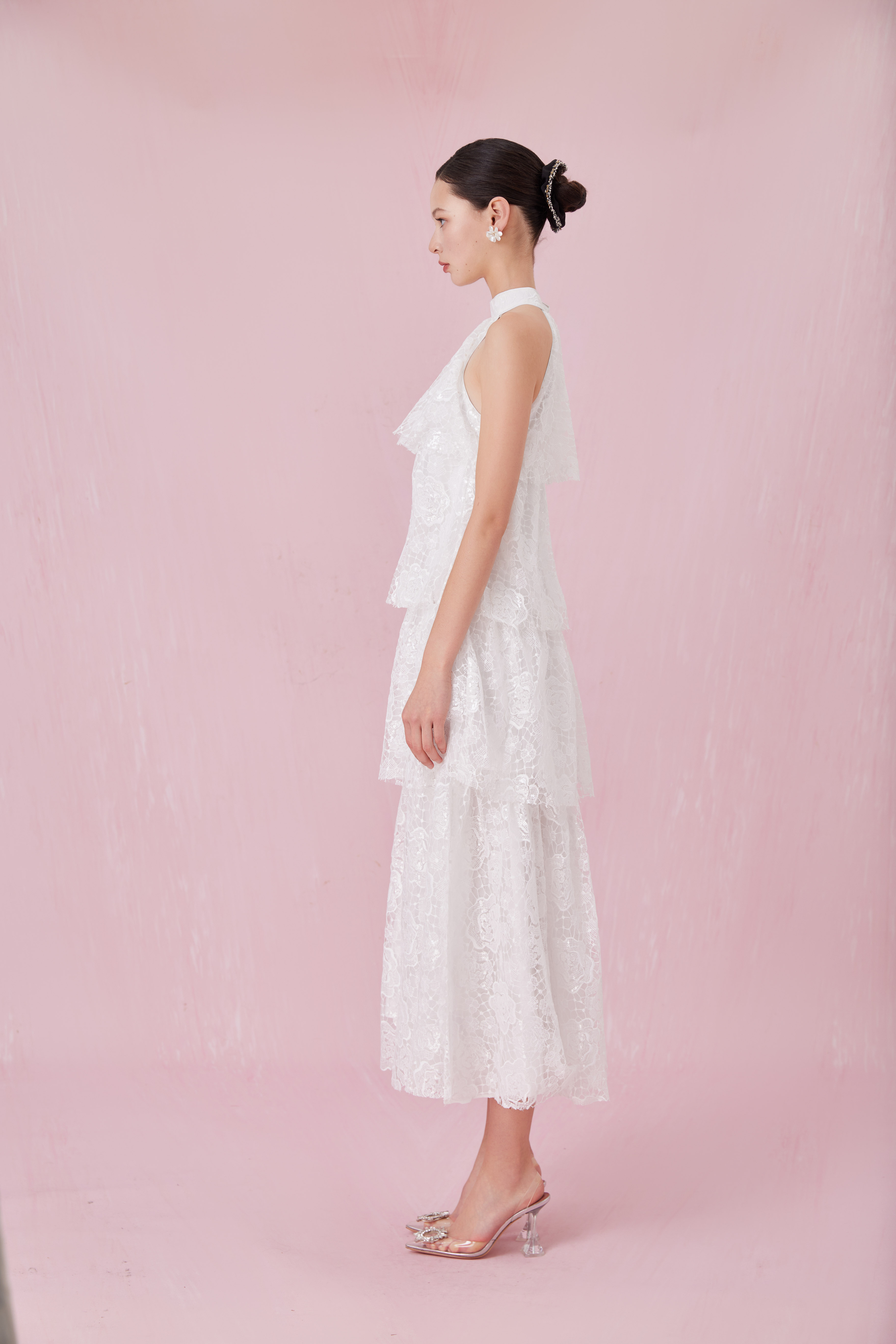 Chantil White Halter Neck Tier Dress