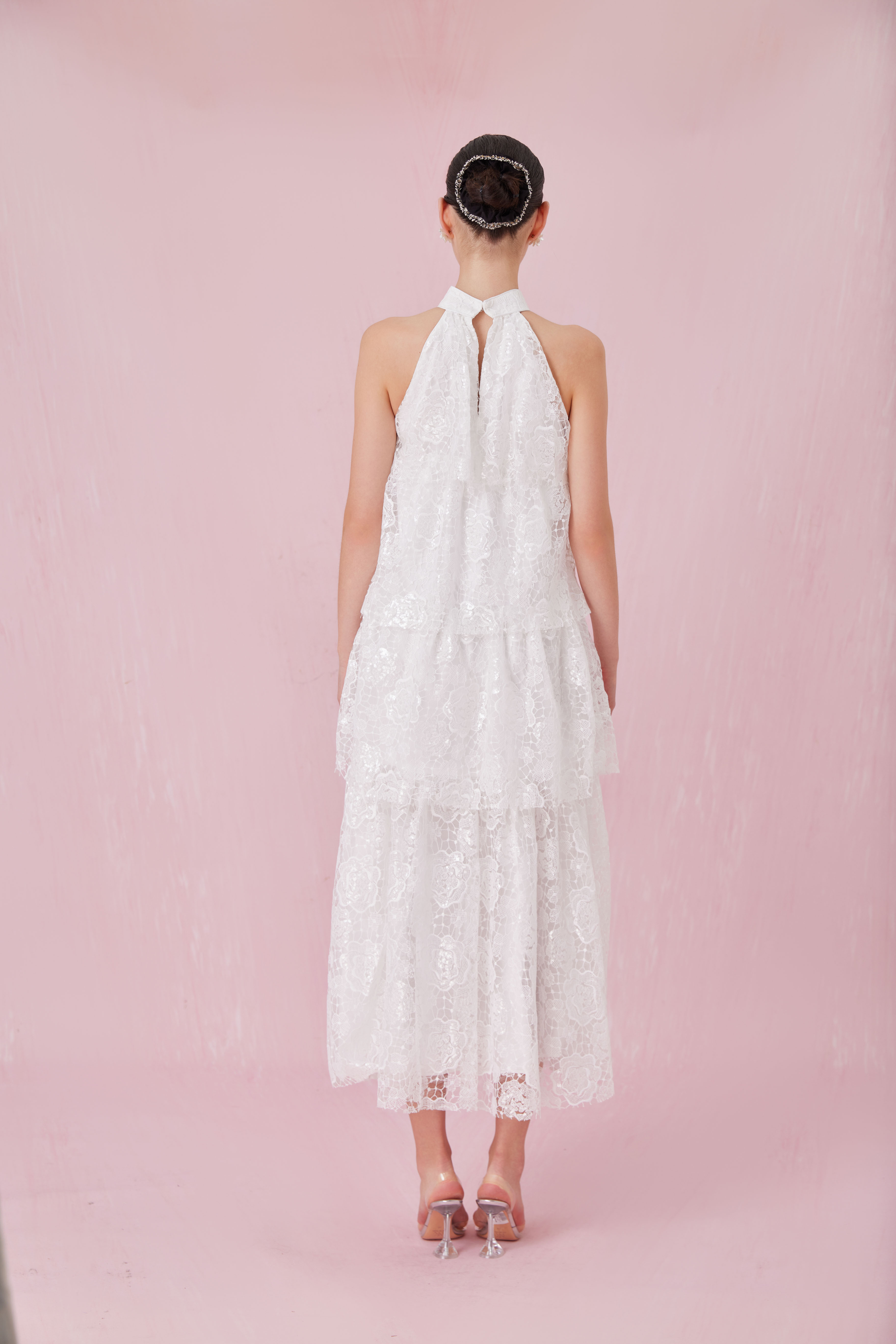 Chantil White Halter Neck Tier Dress