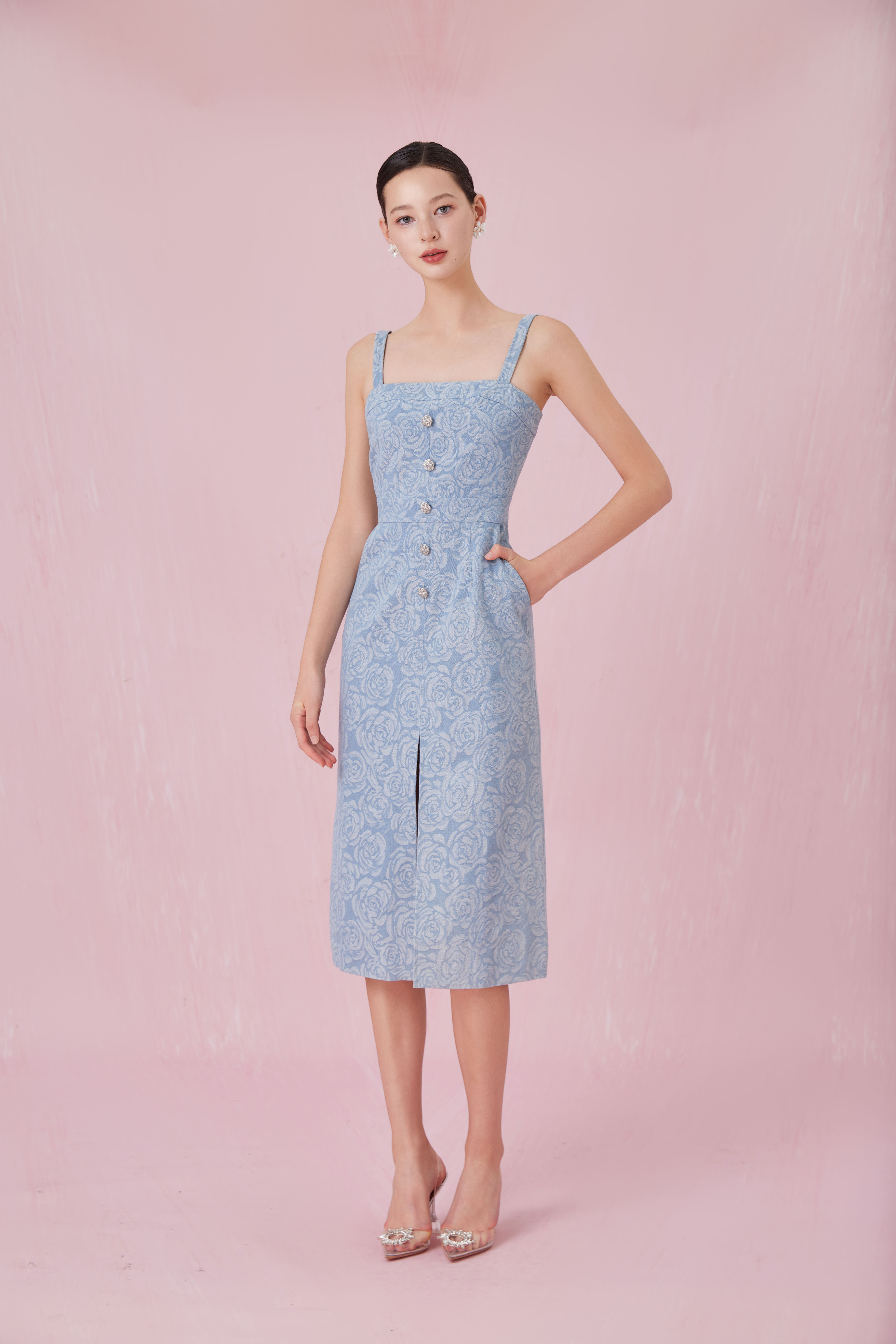 Chantle Rose Embos Light Blue Denim Dress