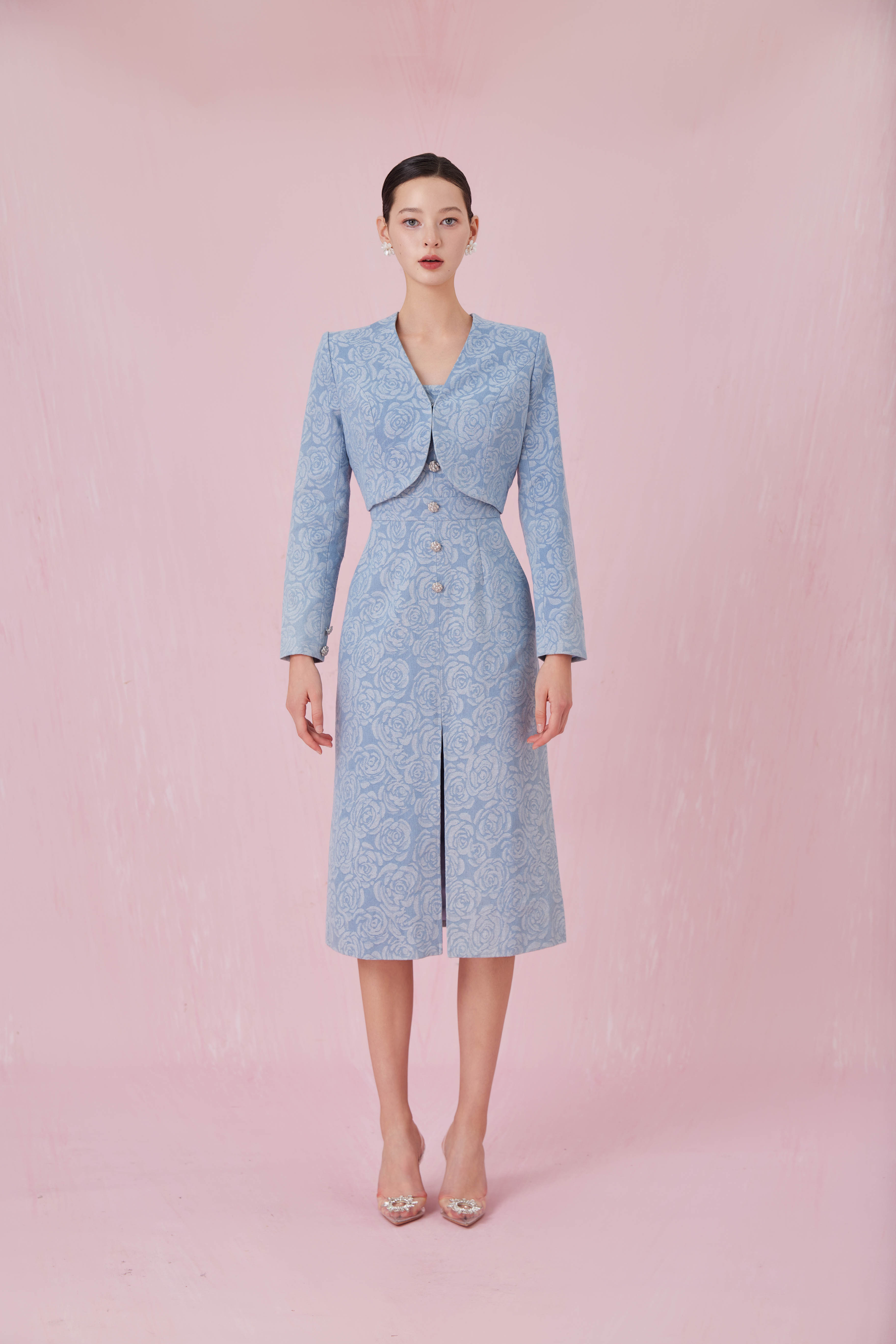 Chantle Rose Embos Light Blue Denim Jacket