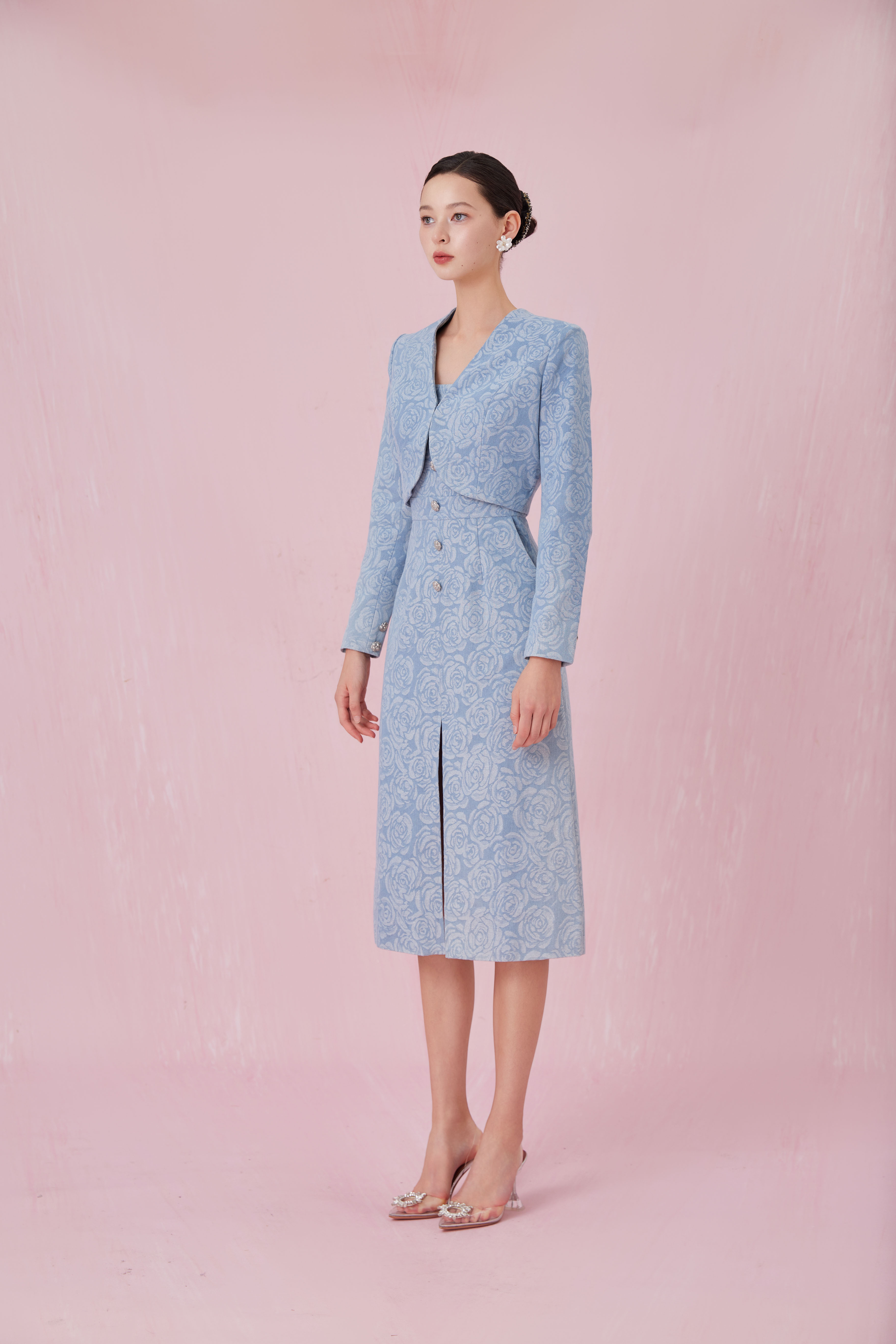 Chantle Rose Embos Light Blue Denim Jacket