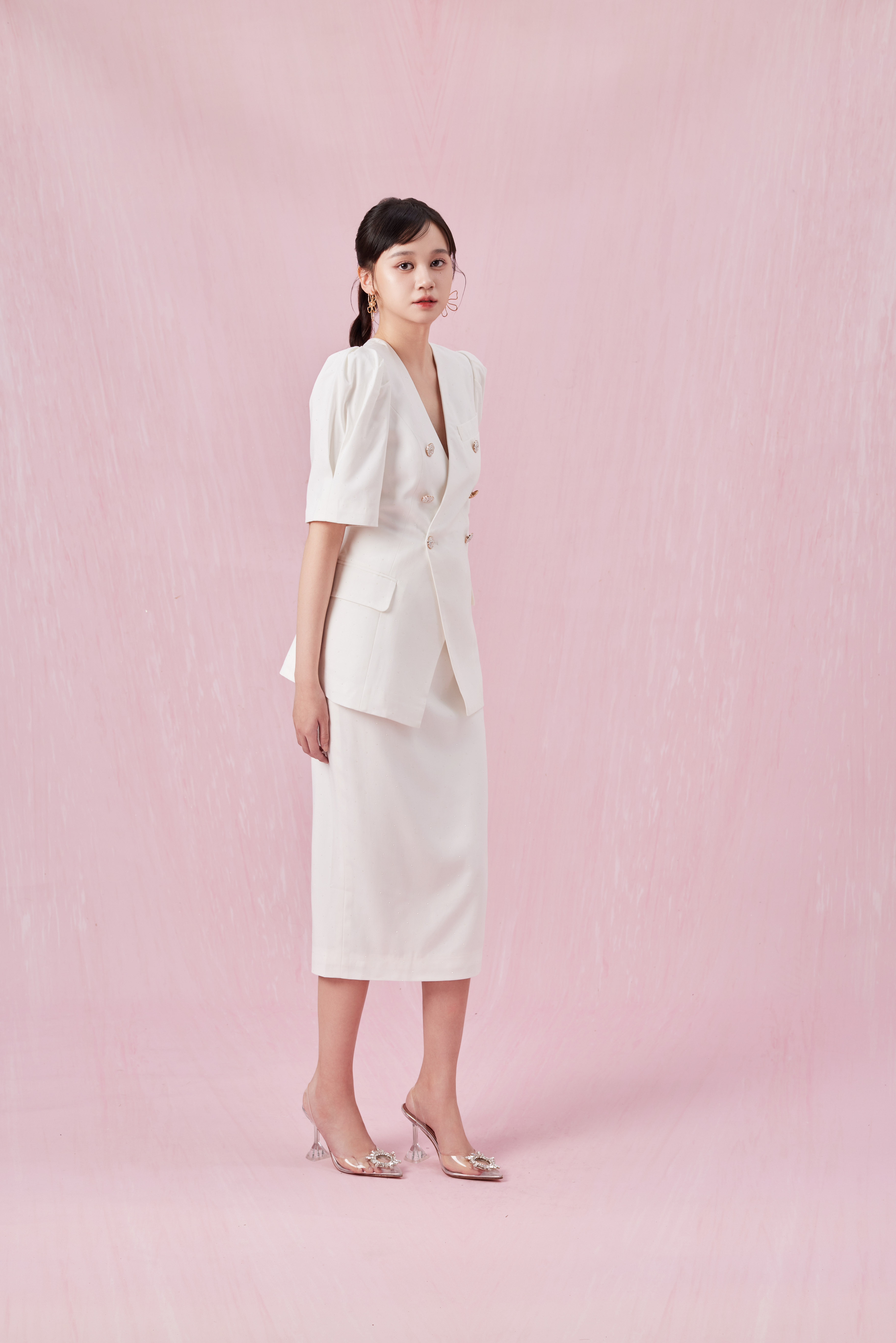 Chantey White V-Neck Double-Breasted Long Blazer