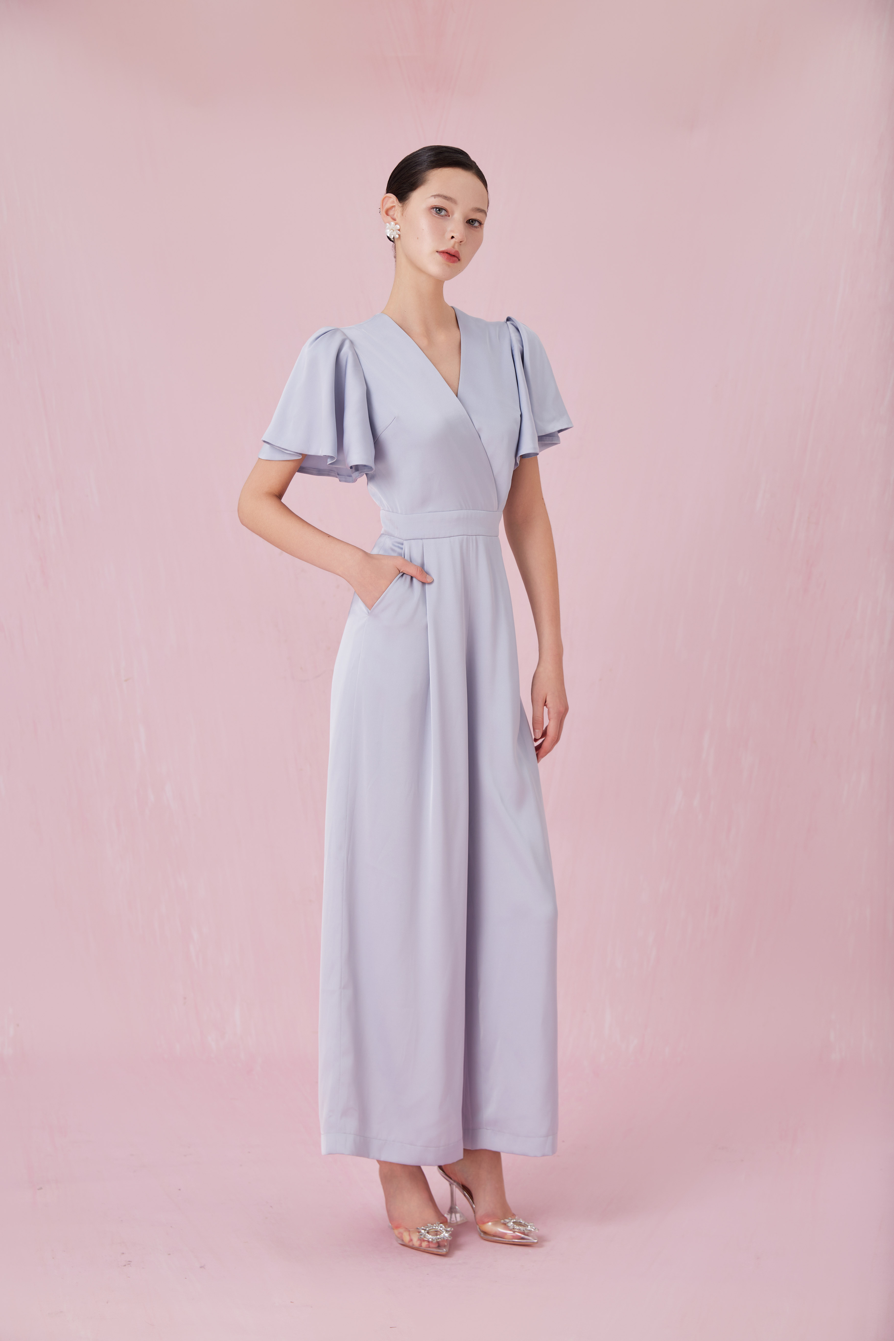 Chantila Slate Blue Ruffle Sleeve Jumpsuit