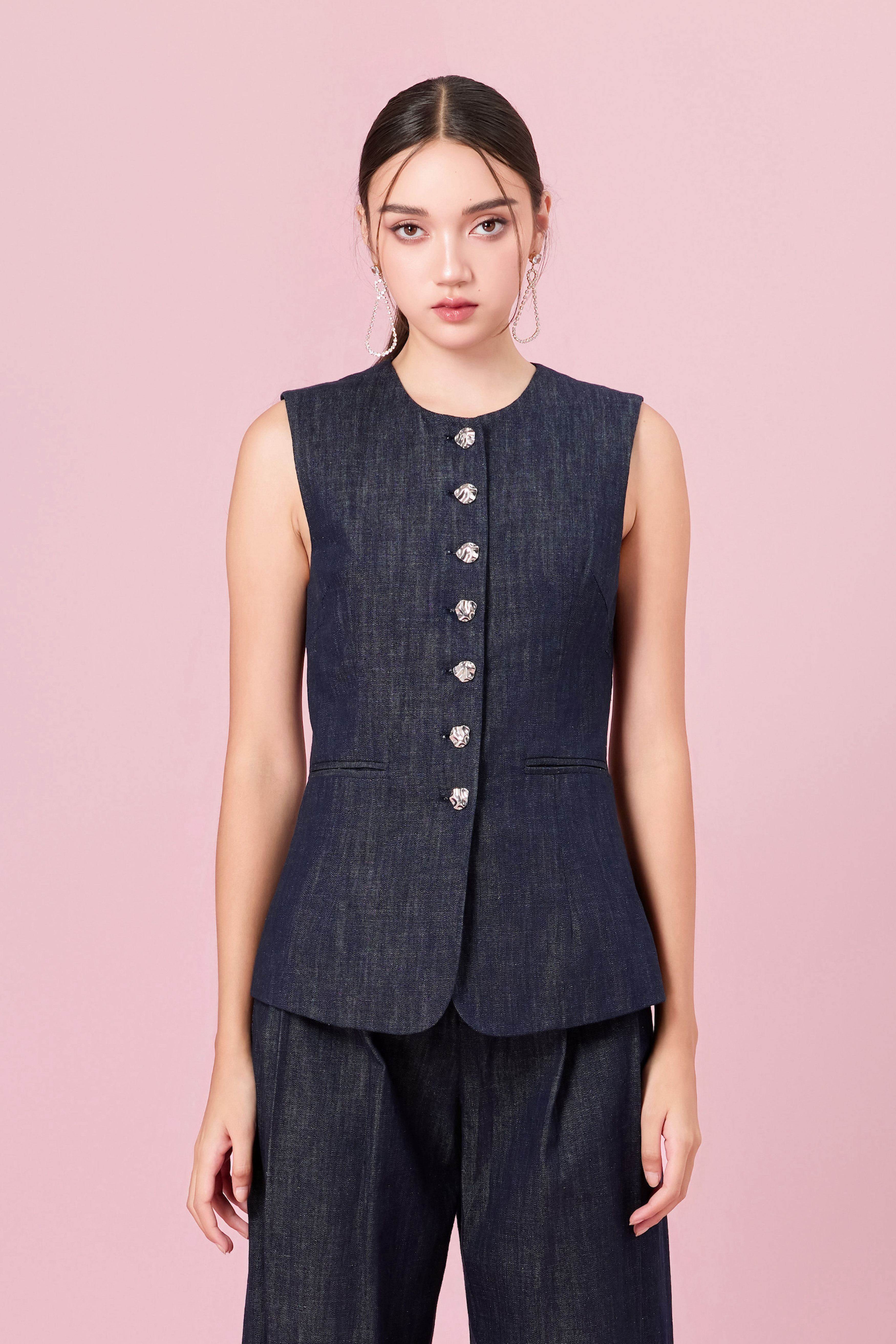 Charelyn Dark Blue Denim Sleeveless Vest