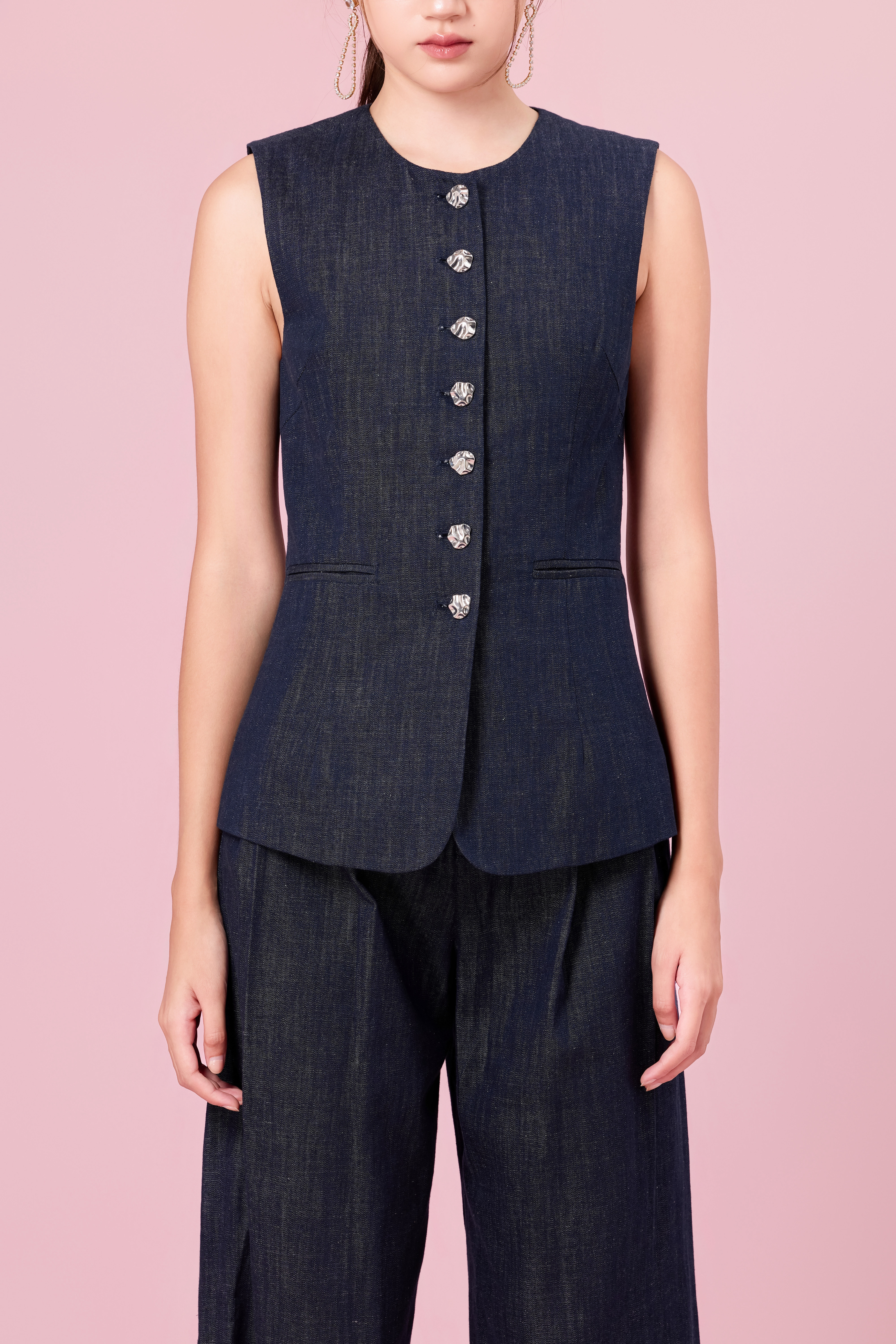 Charelyn Dark Blue Denim Sleeveless Vest