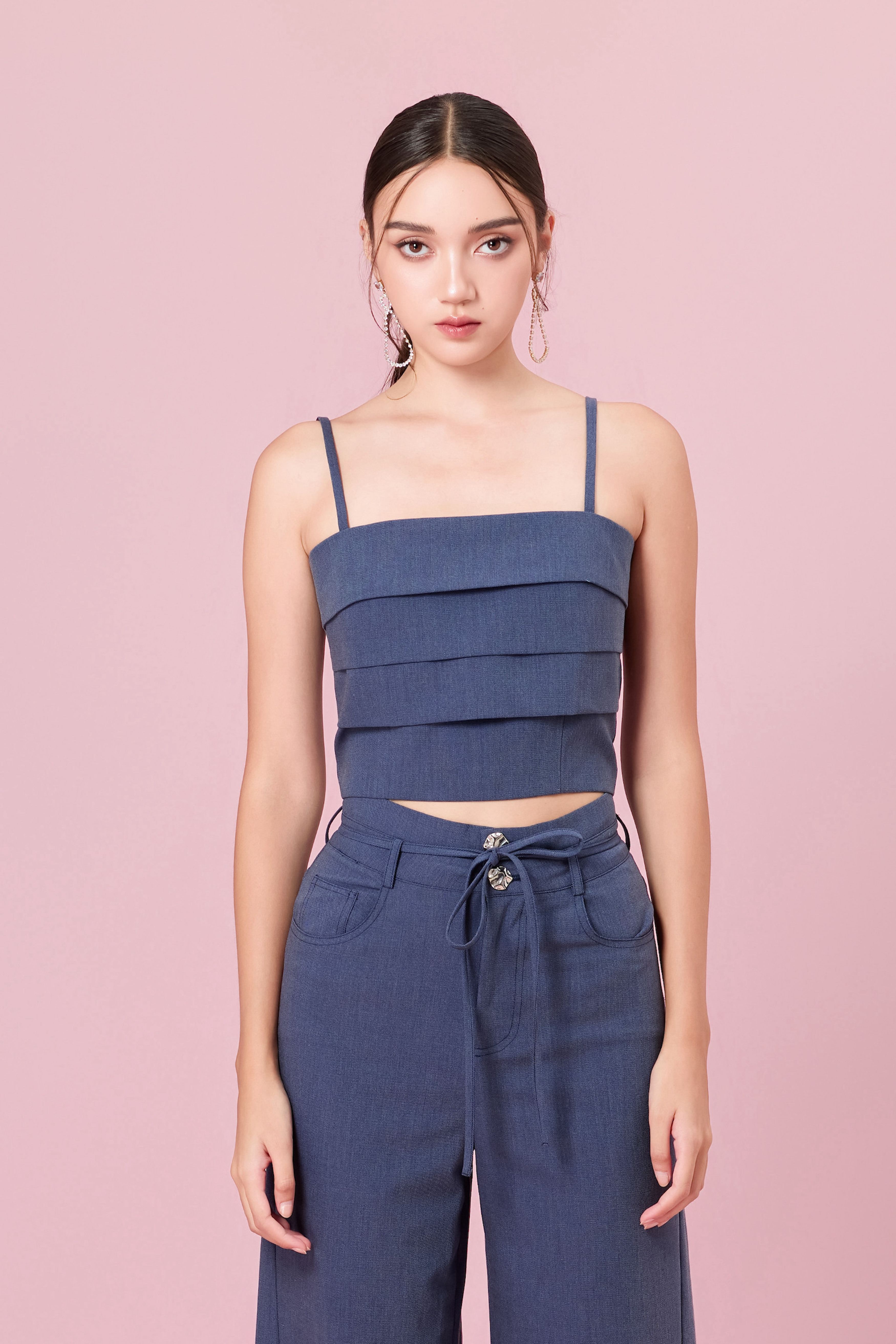 Chauntay Dark Blue Layer Panel Spaghetti Top