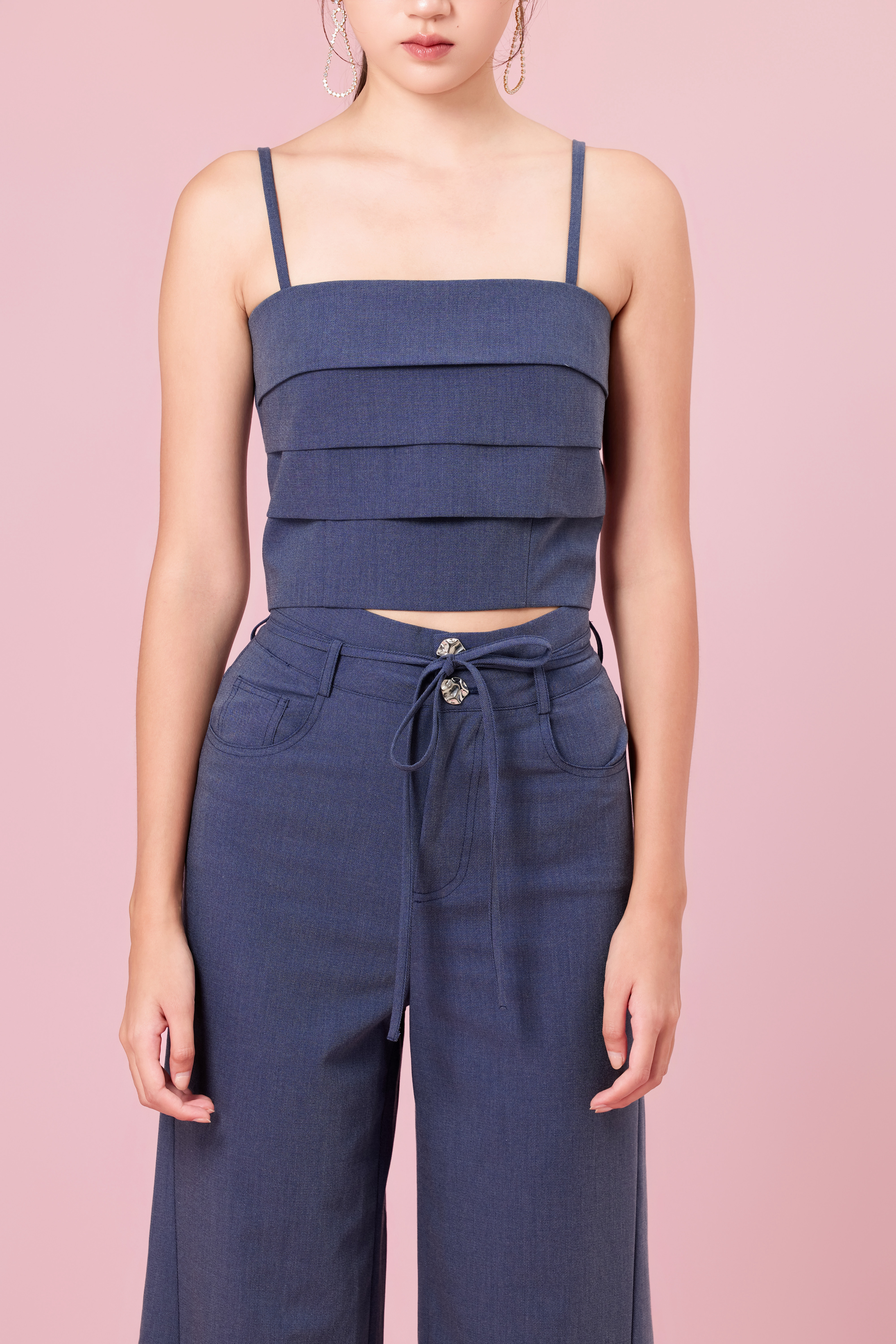 Chauntay Dark Blue Layer Panel Spaghetti Top