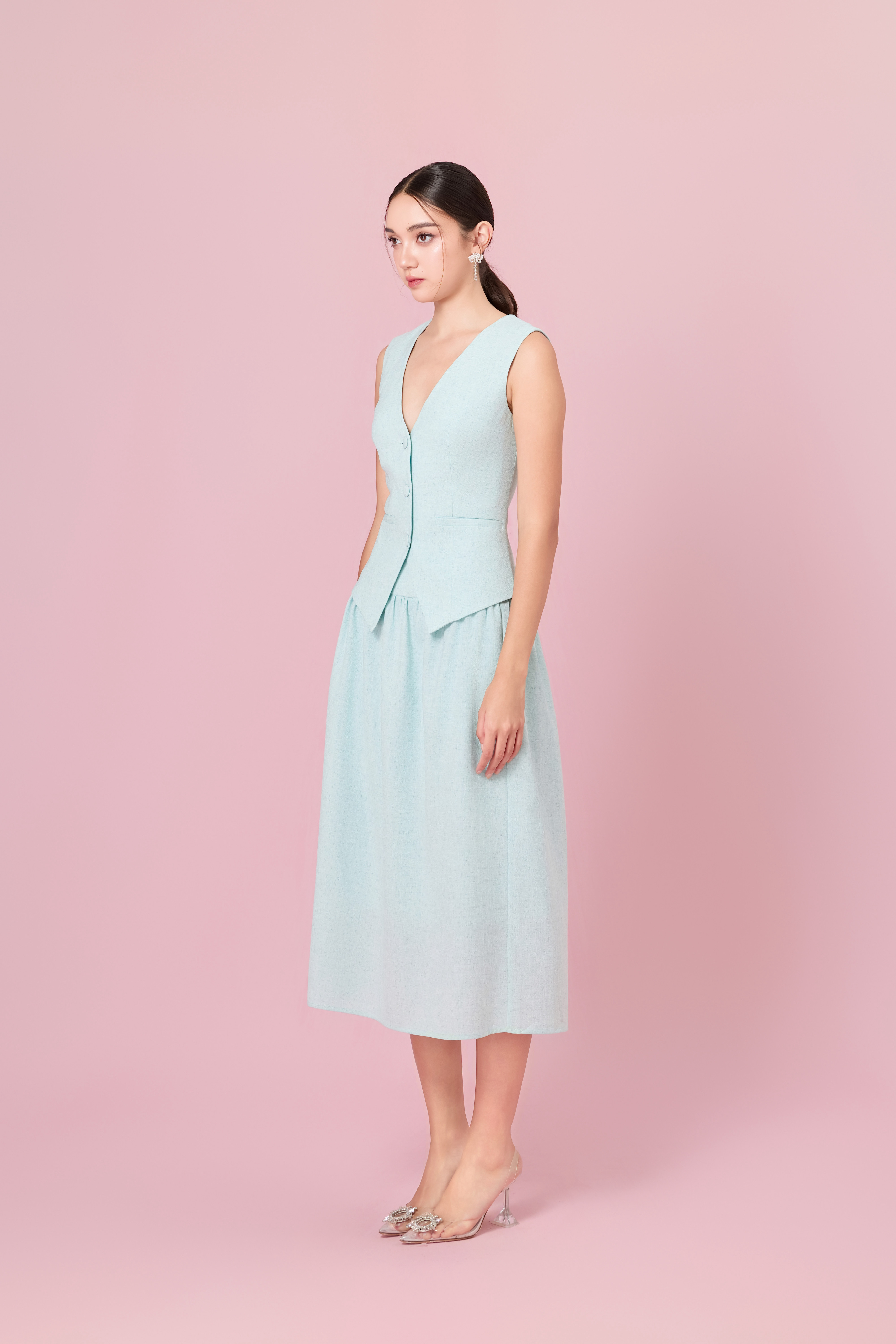 Cheerish Light Green Button Down V-Neck Top