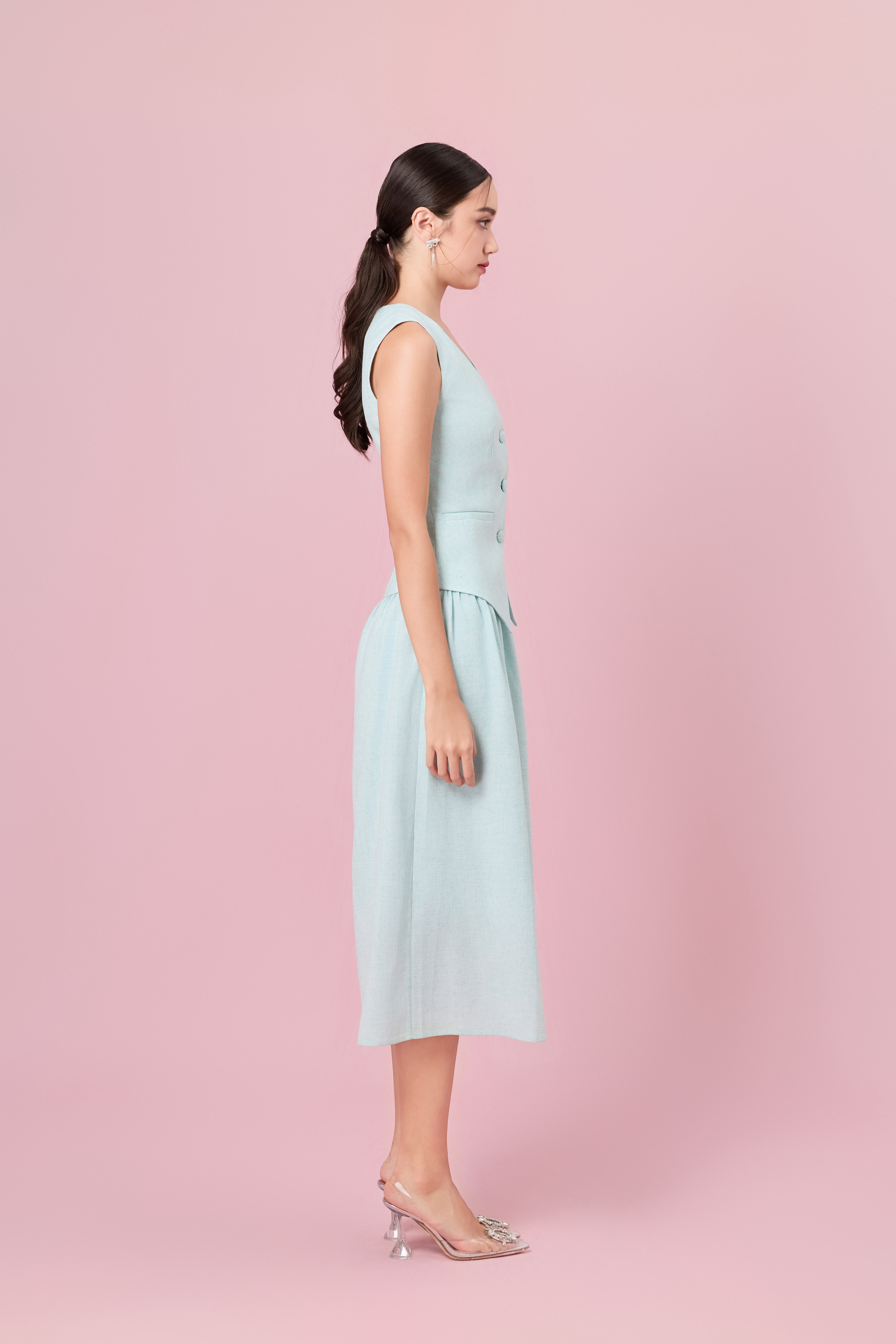 Cheerish Light Green Button Down V-Neck Top