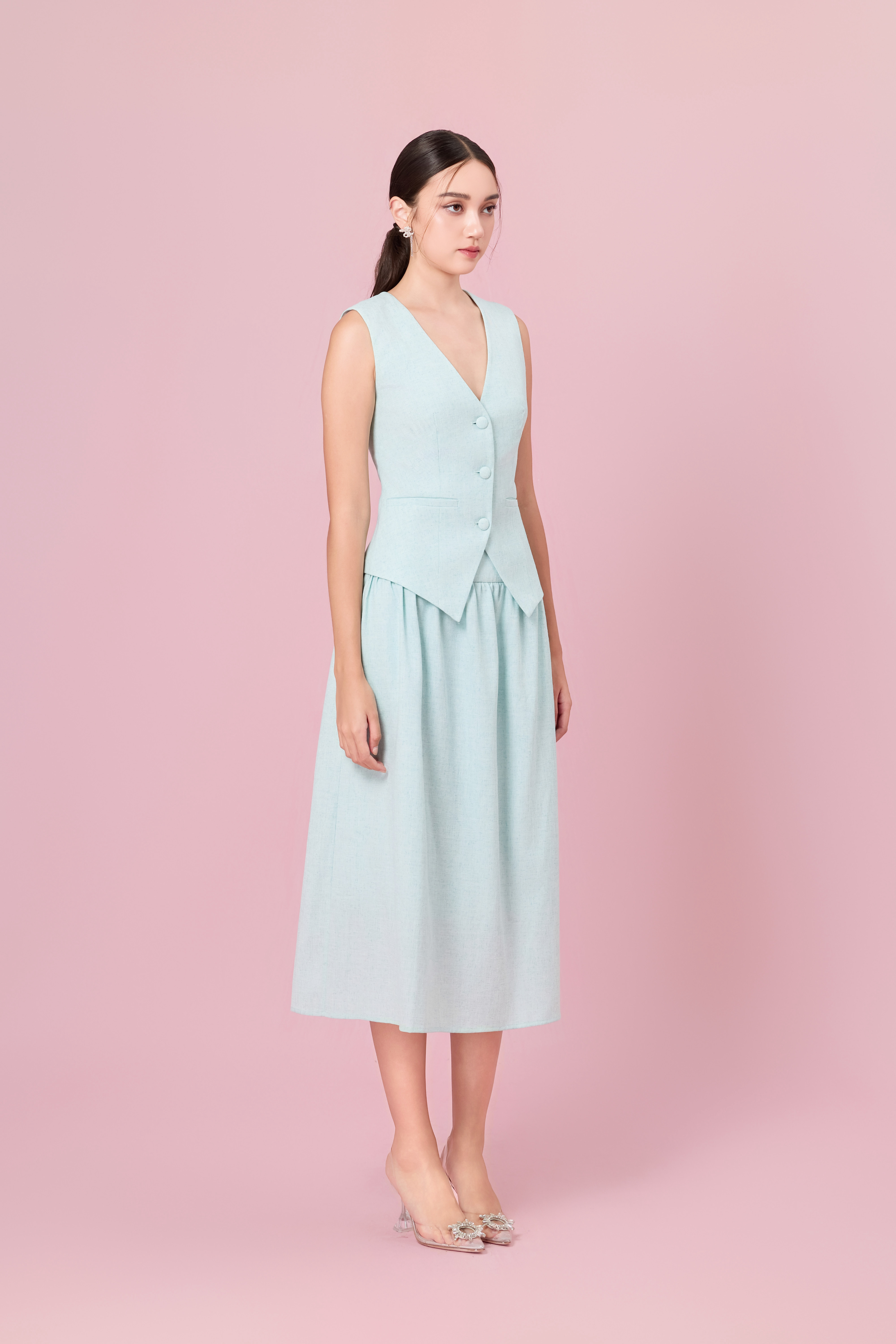 Cheerish Light Green Button Down V-Neck Top