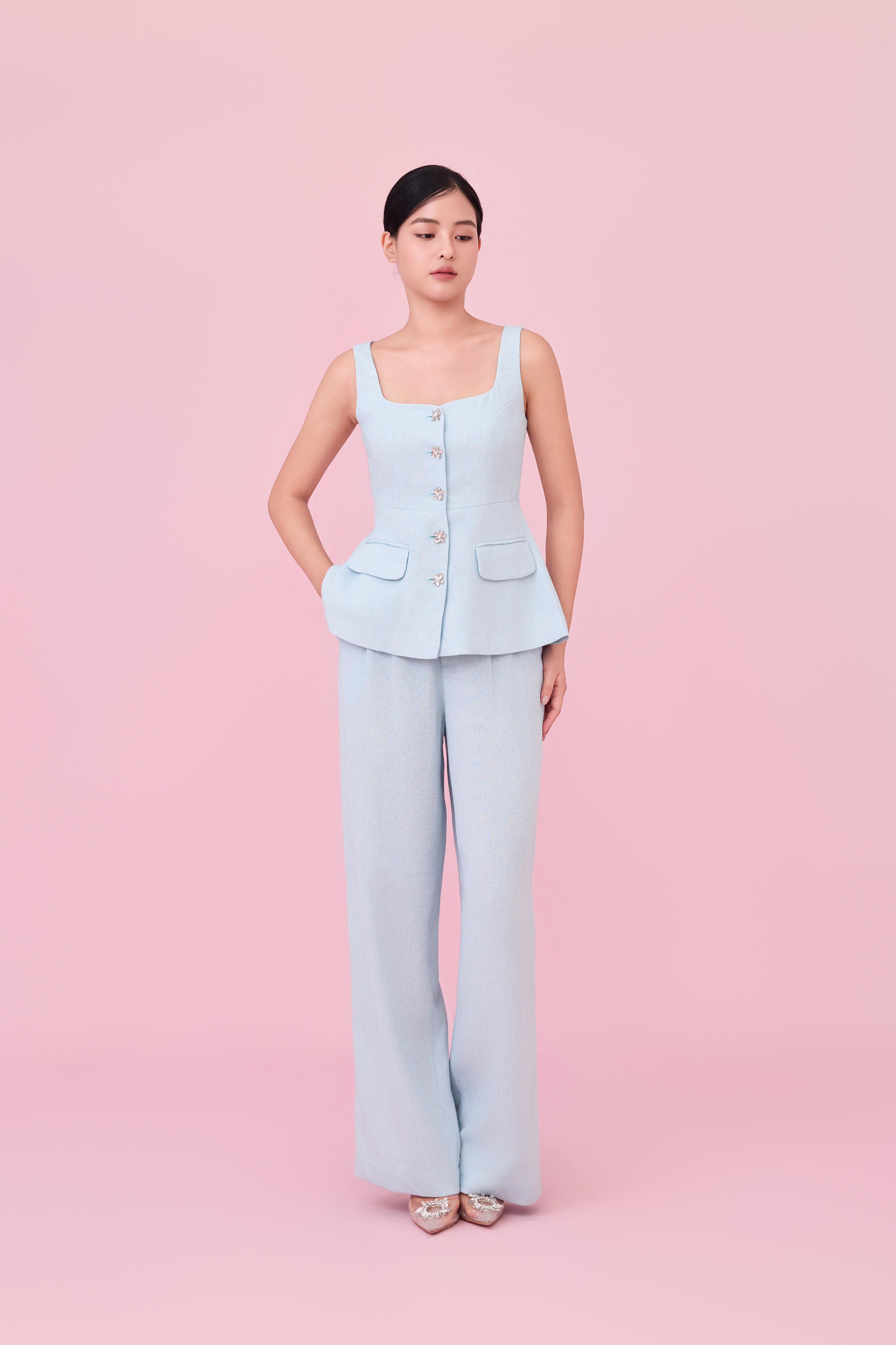 Cherilyn Light Blue Tweed Wide Leg Pants