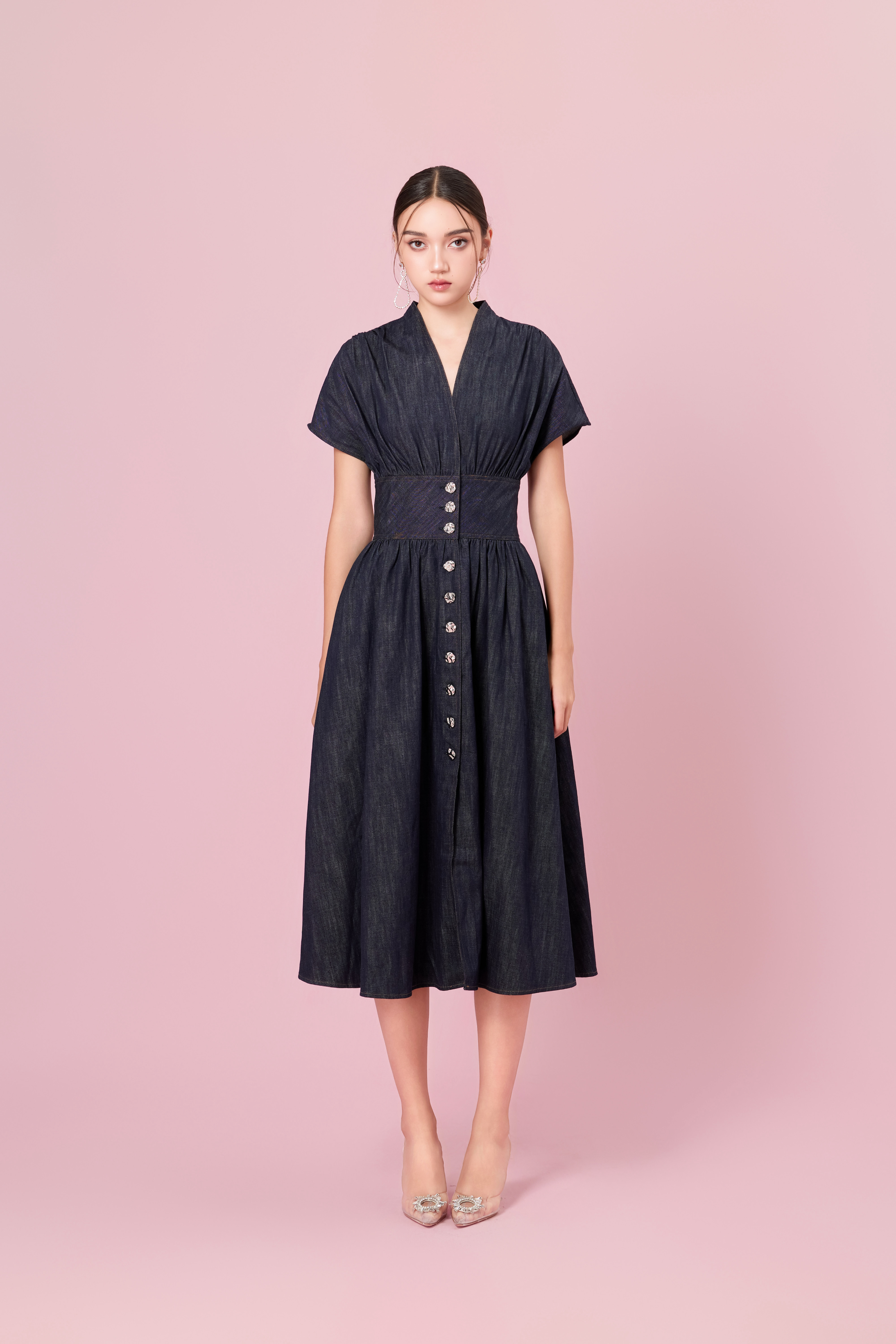 Cherena Dark Blue Denim Button-Front Midi Dress