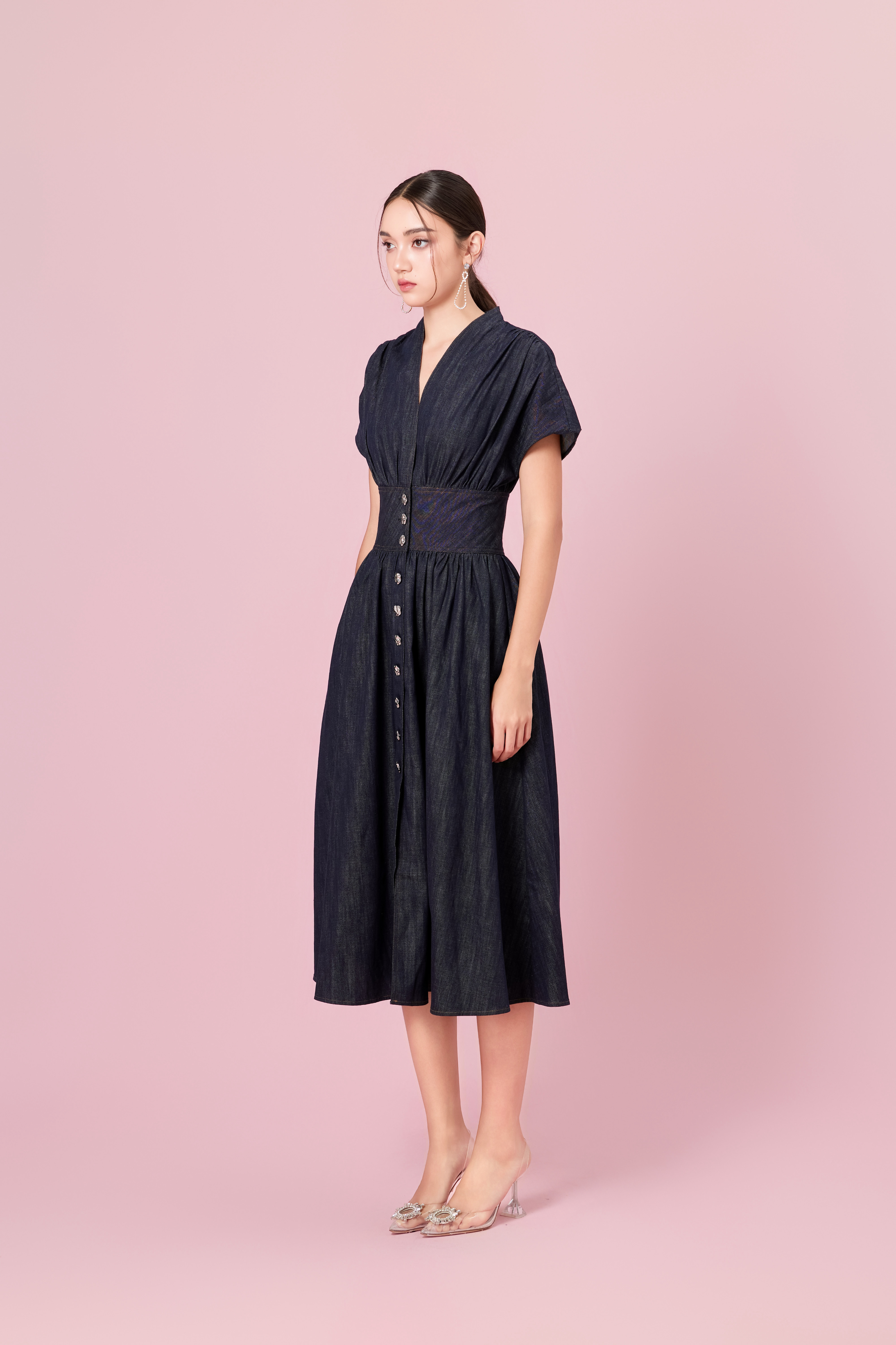 Cherena Dark Blue Denim Button-Front Midi Dress