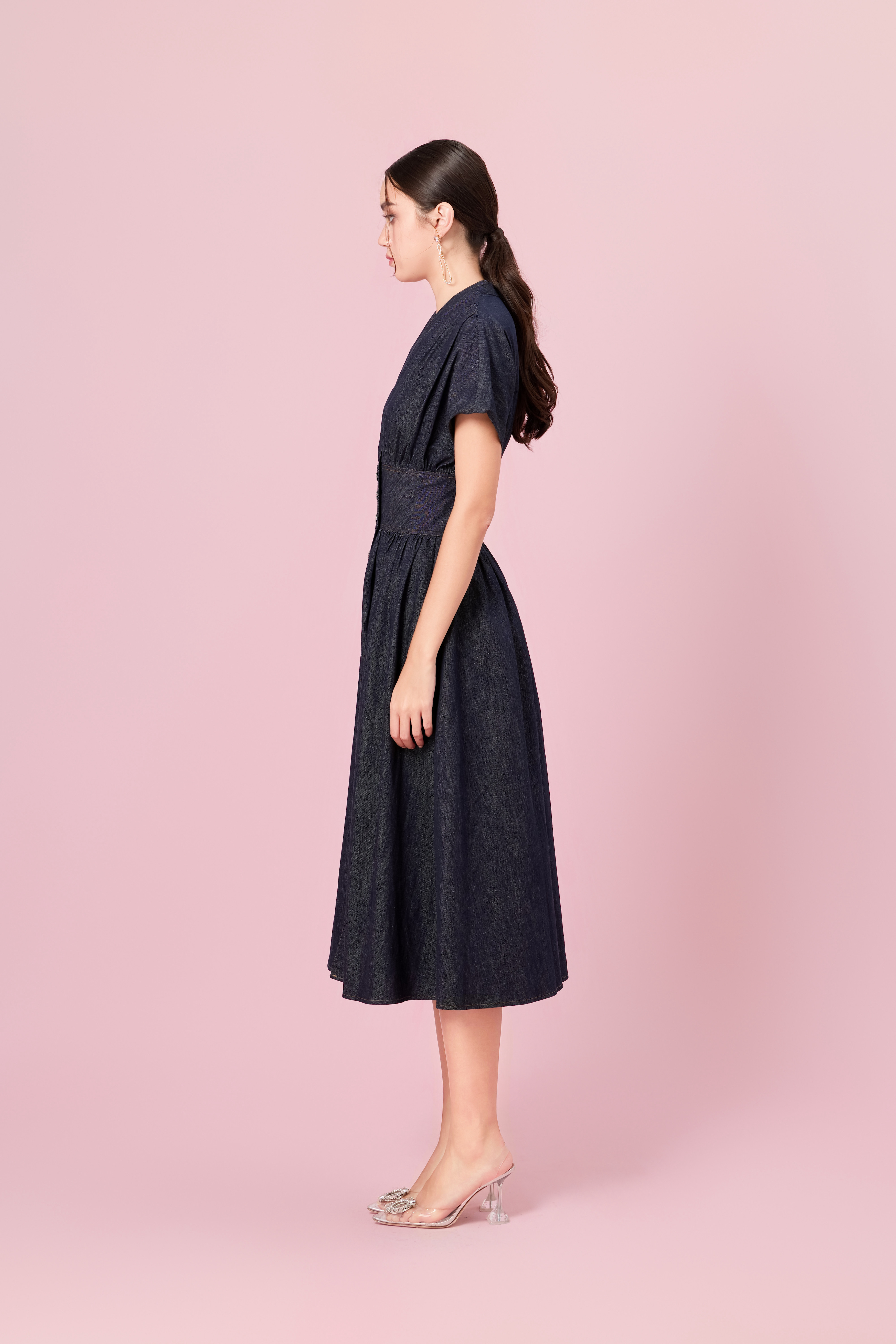 Cherena Dark Blue Denim Button-Front Midi Dress