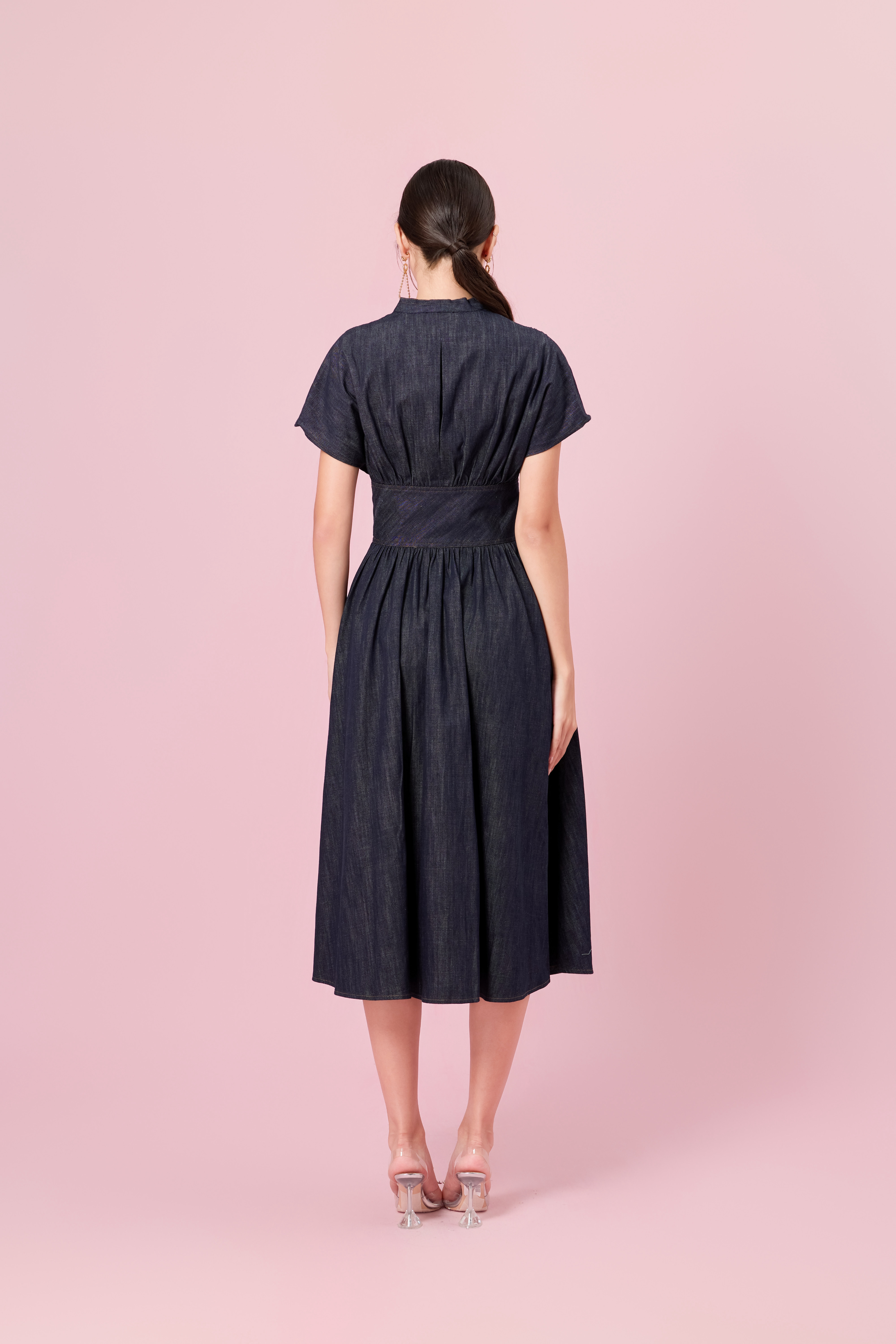 Cherena Dark Blue Denim Button-Front Midi Dress