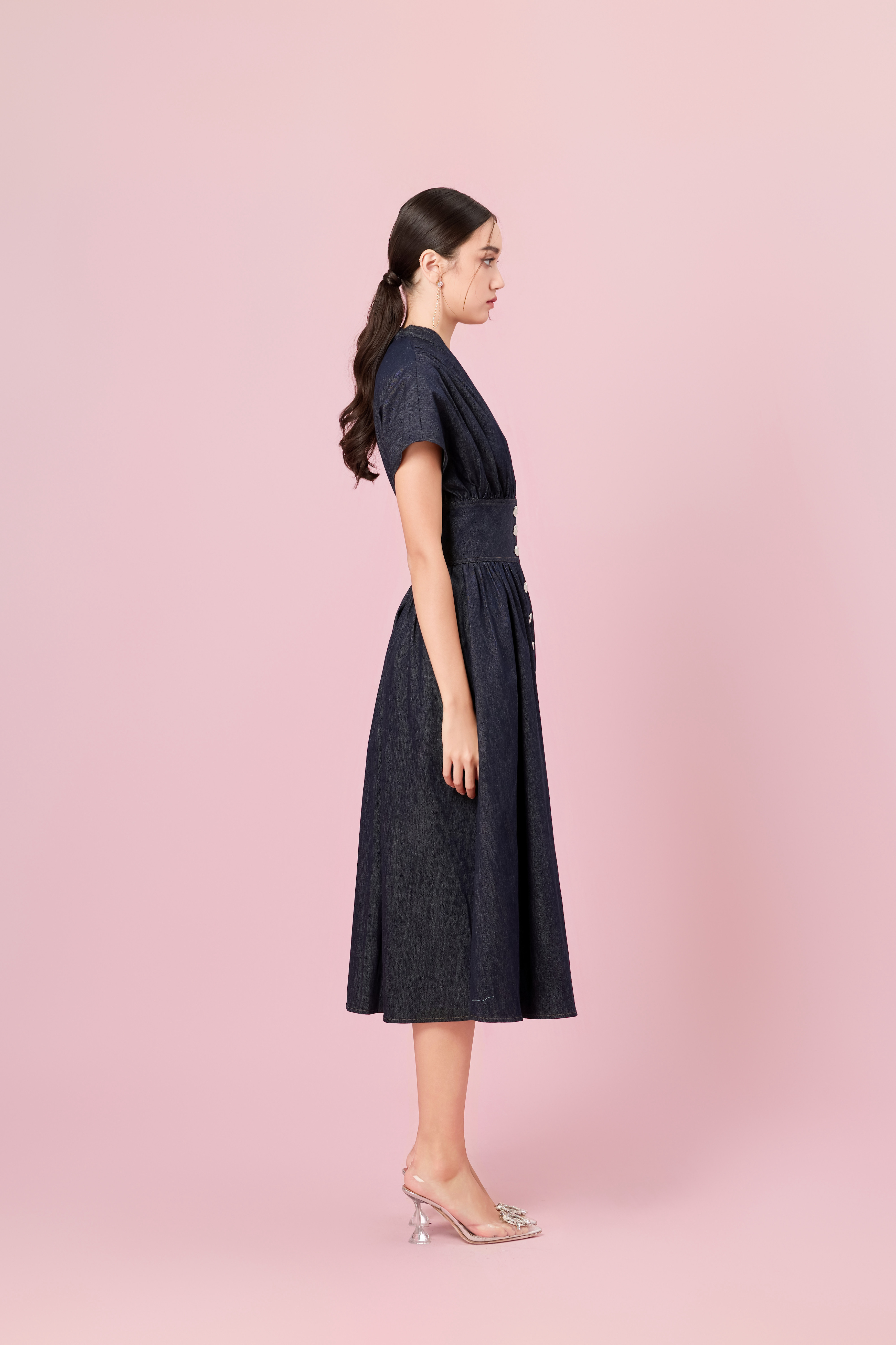 Cherena Dark Blue Denim Button-Front Midi Dress