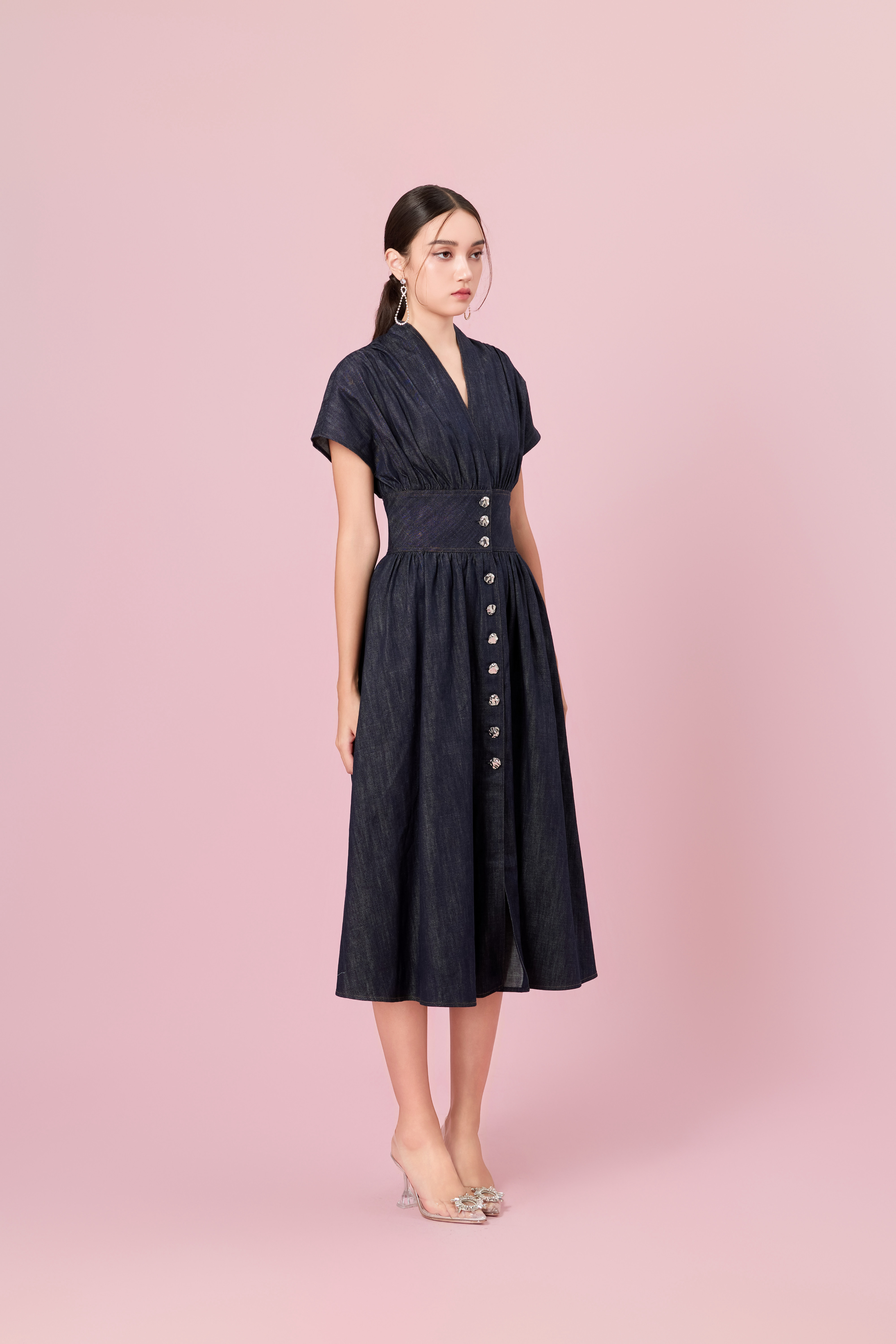Cherena Dark Blue Denim Button-Front Midi Dress