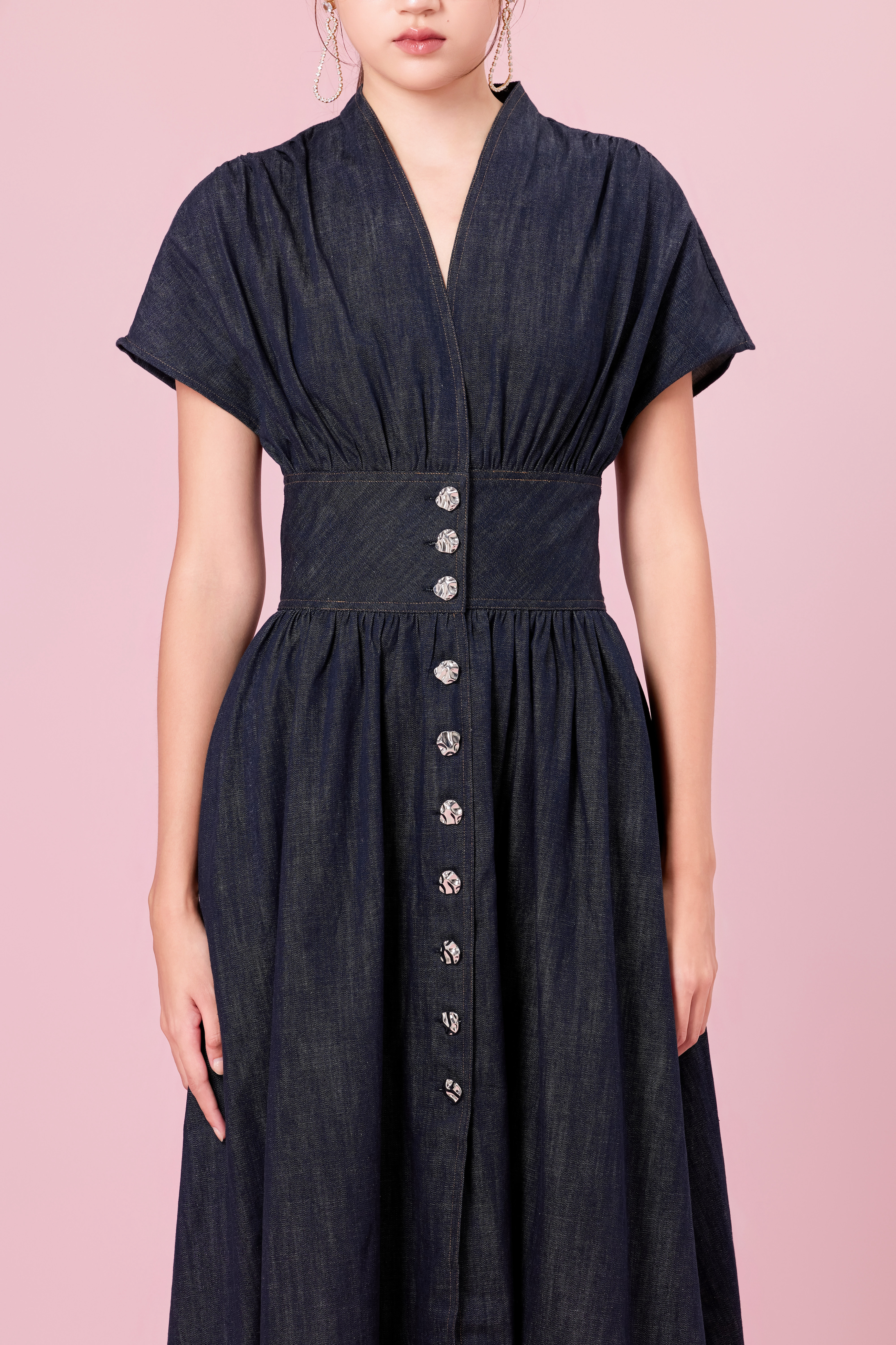 Cherena Dark Blue Denim Button-Front Midi Dress