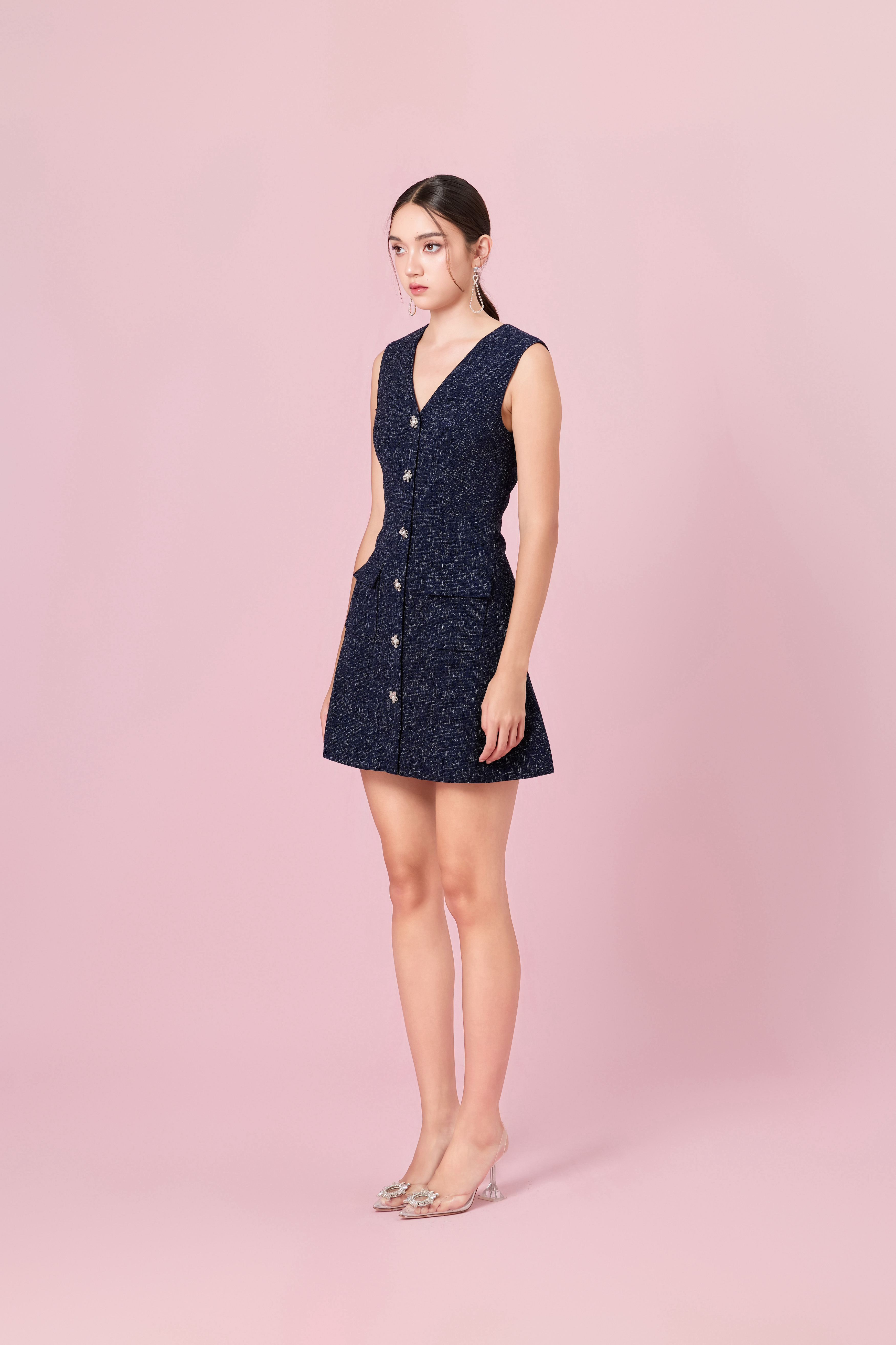 Cheresse Navy Tweed Sleeveless A-Line Dress
