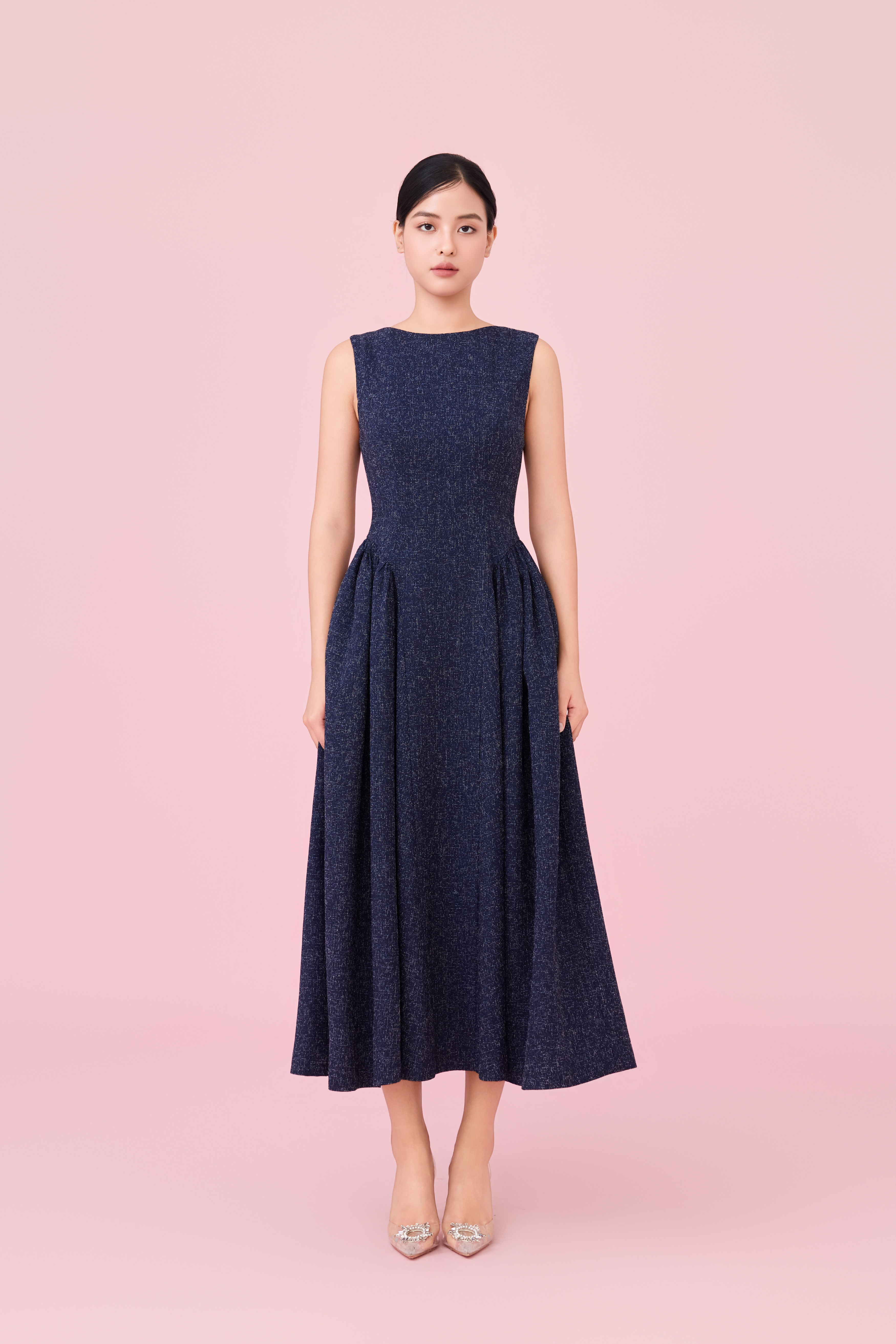 Cherice Navy Tweed Fitted Drop Waist Midi Dress