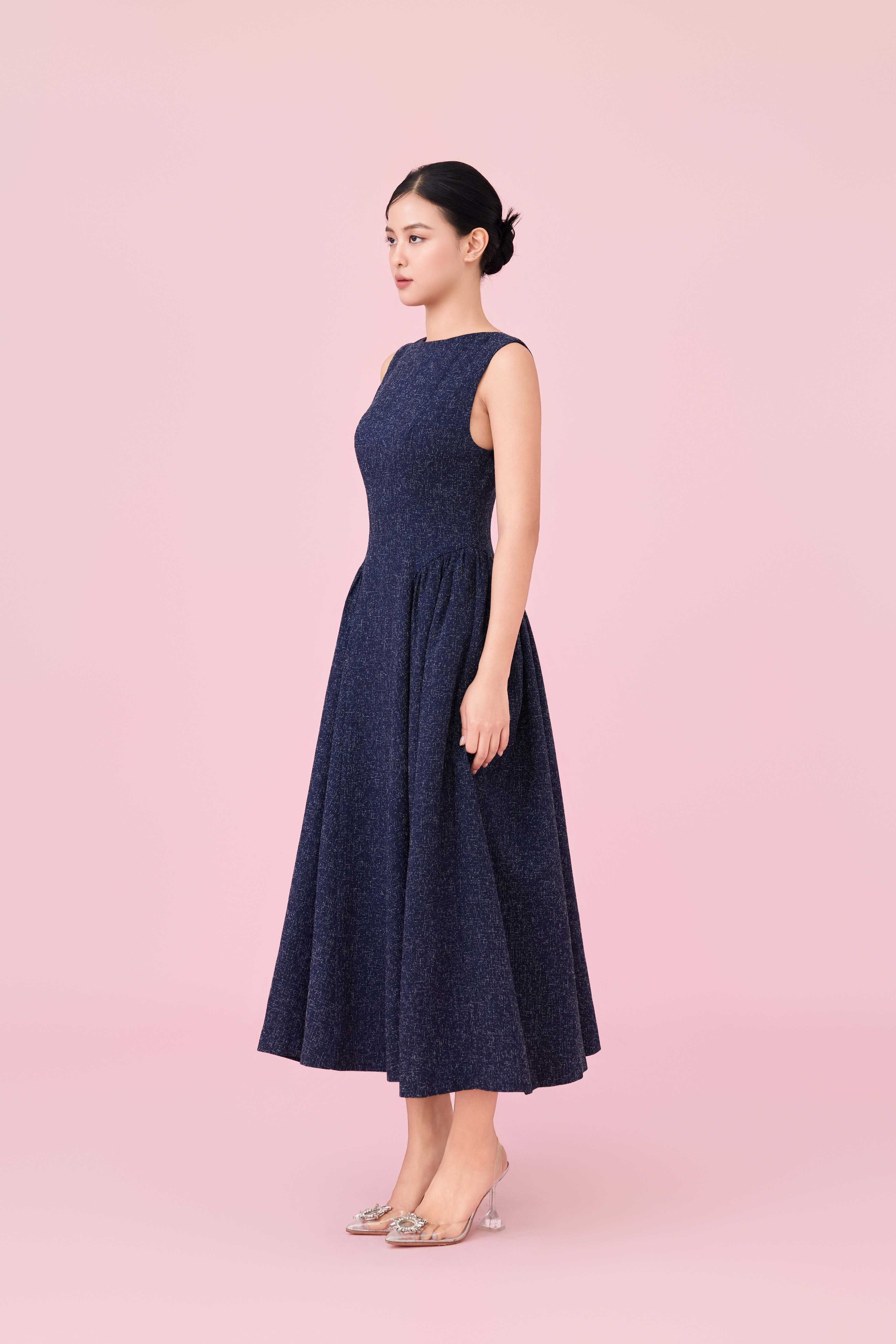 Cherice Navy Tweed Fitted Drop Waist Midi Dress