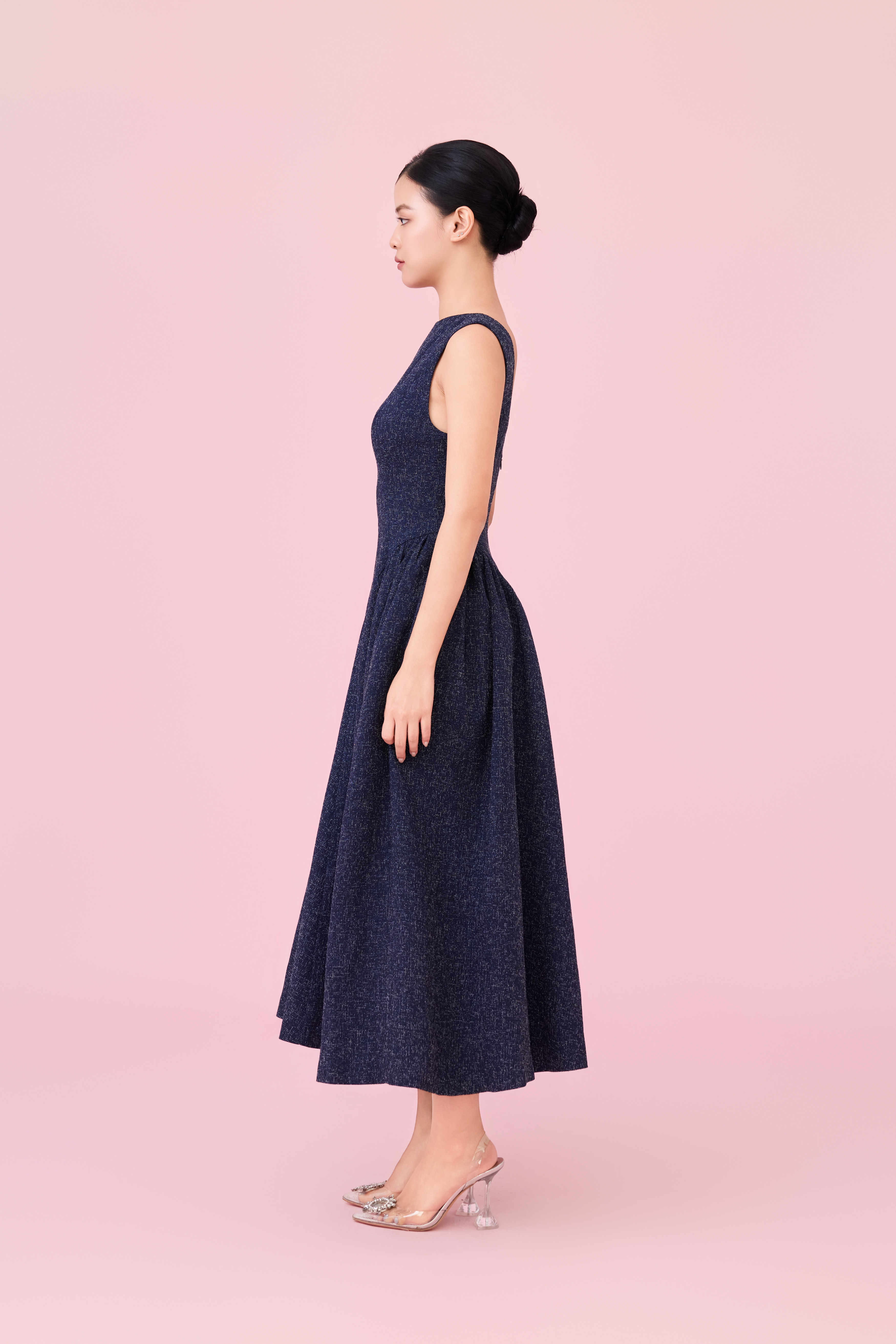 Cherice Navy Tweed Fitted Drop Waist Midi Dress