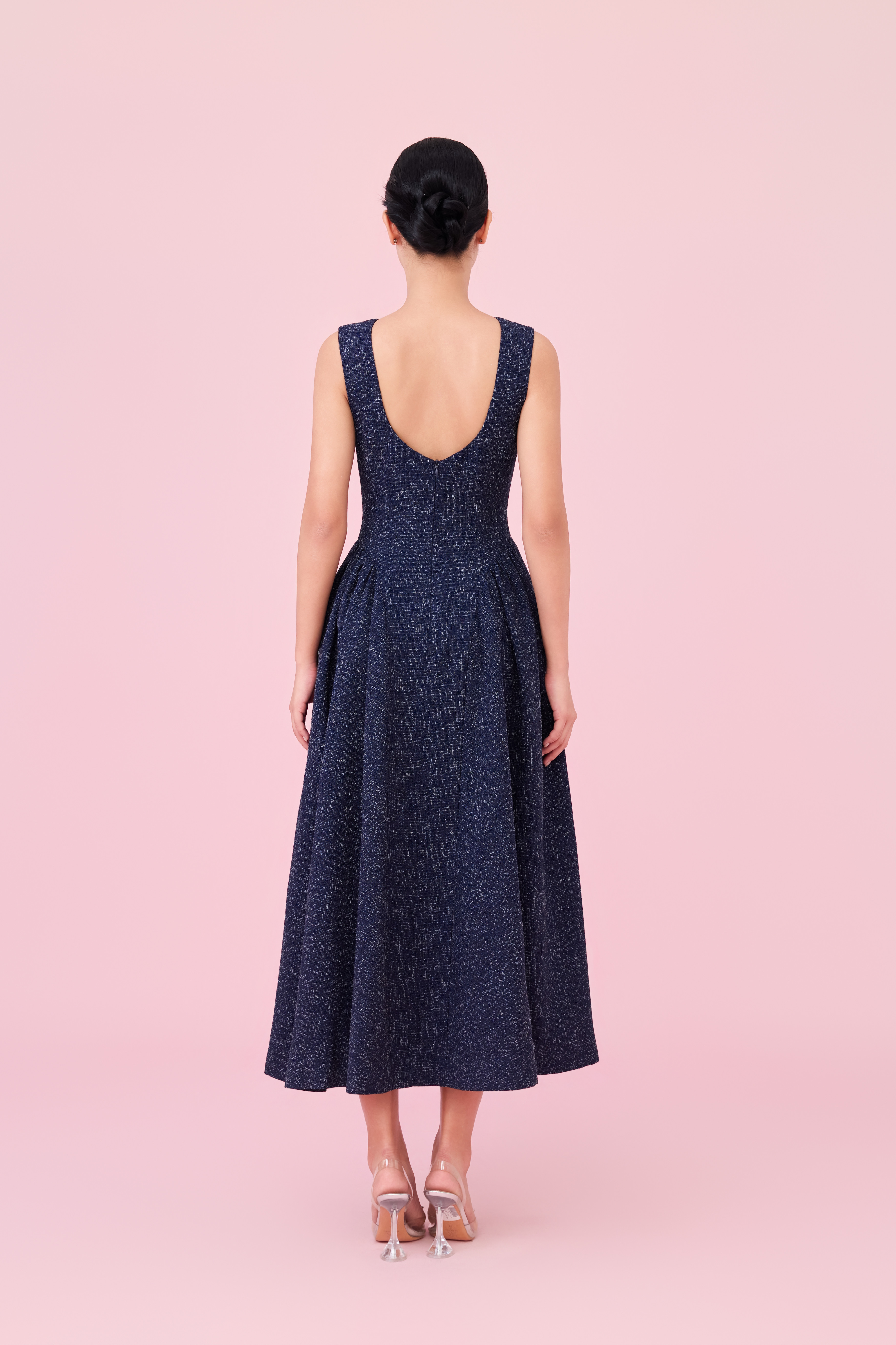 Cherice Navy Tweed Fitted Drop Waist Midi Dress