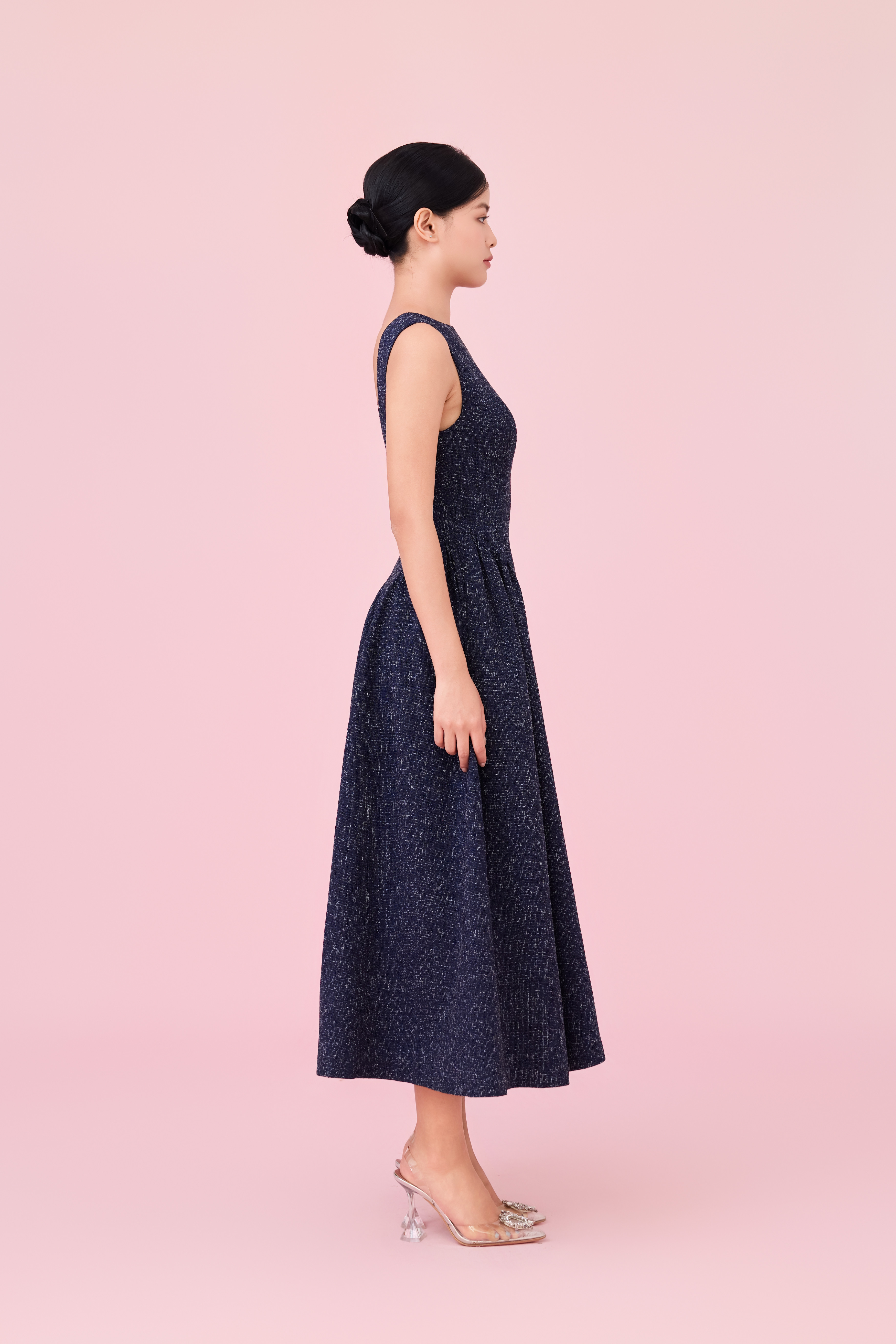 Cherice Navy Tweed Fitted Drop Waist Midi Dress