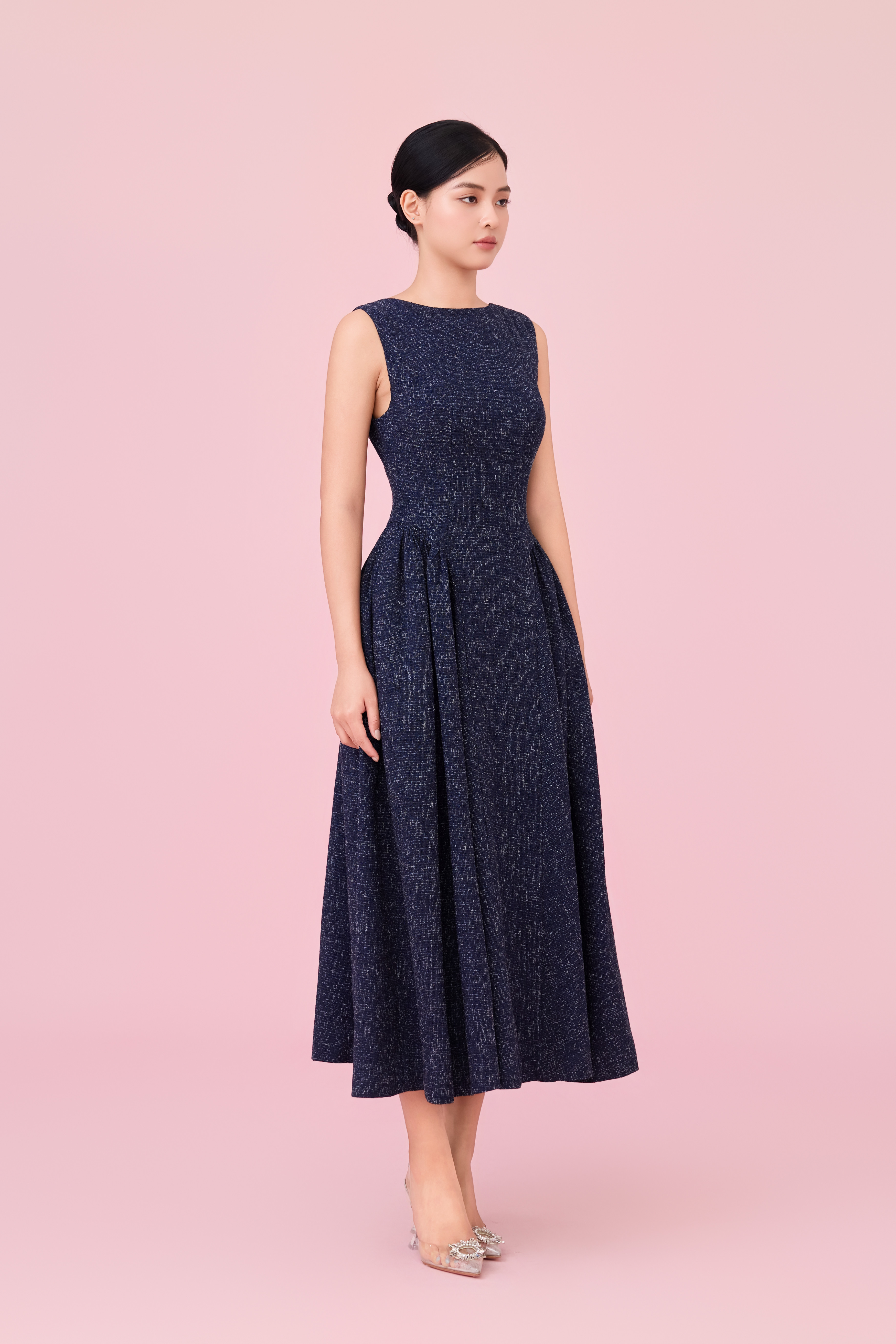 Cherice Navy Tweed Fitted Drop Waist Midi Dress