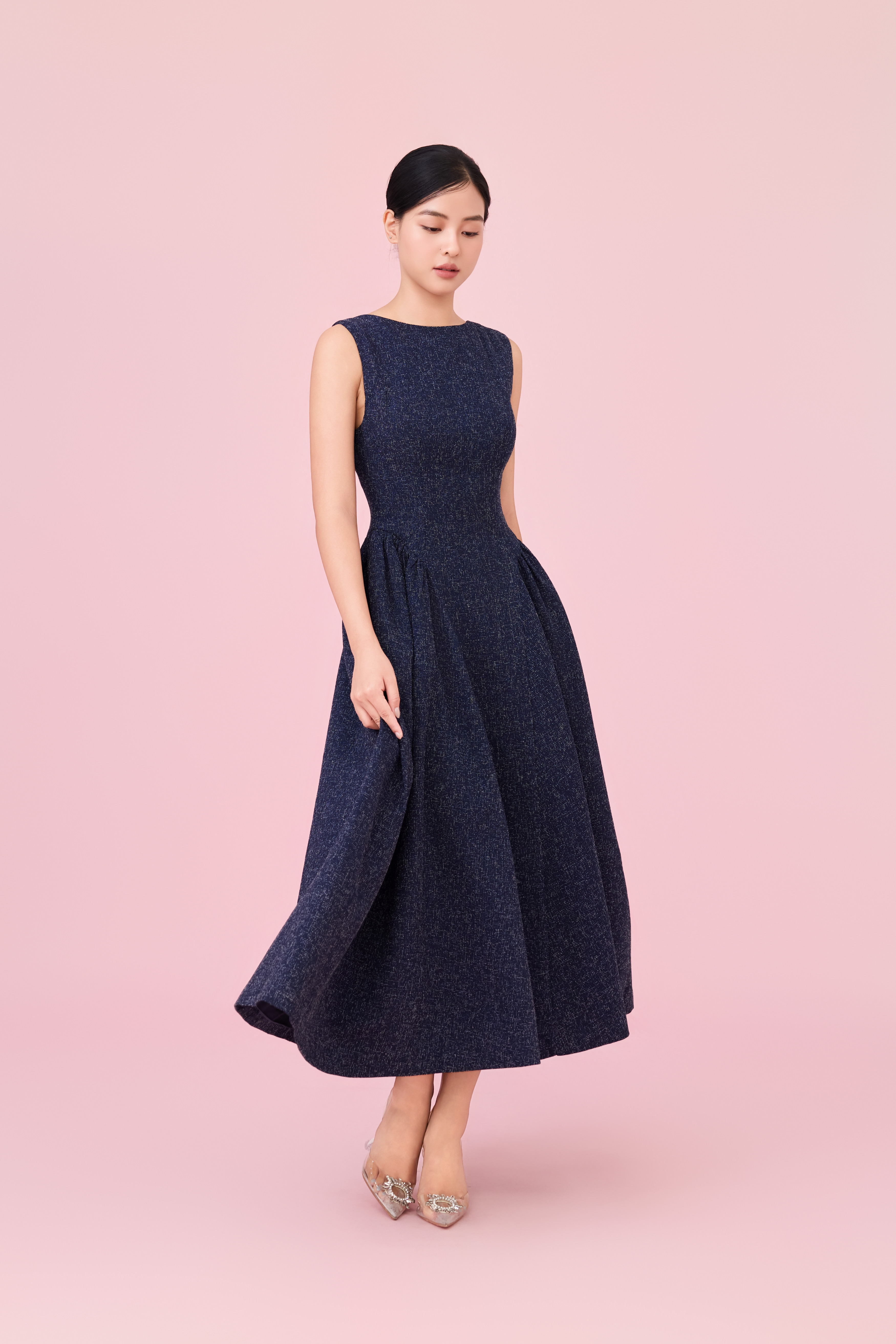 Cherice Navy Tweed Fitted Drop Waist Midi Dress