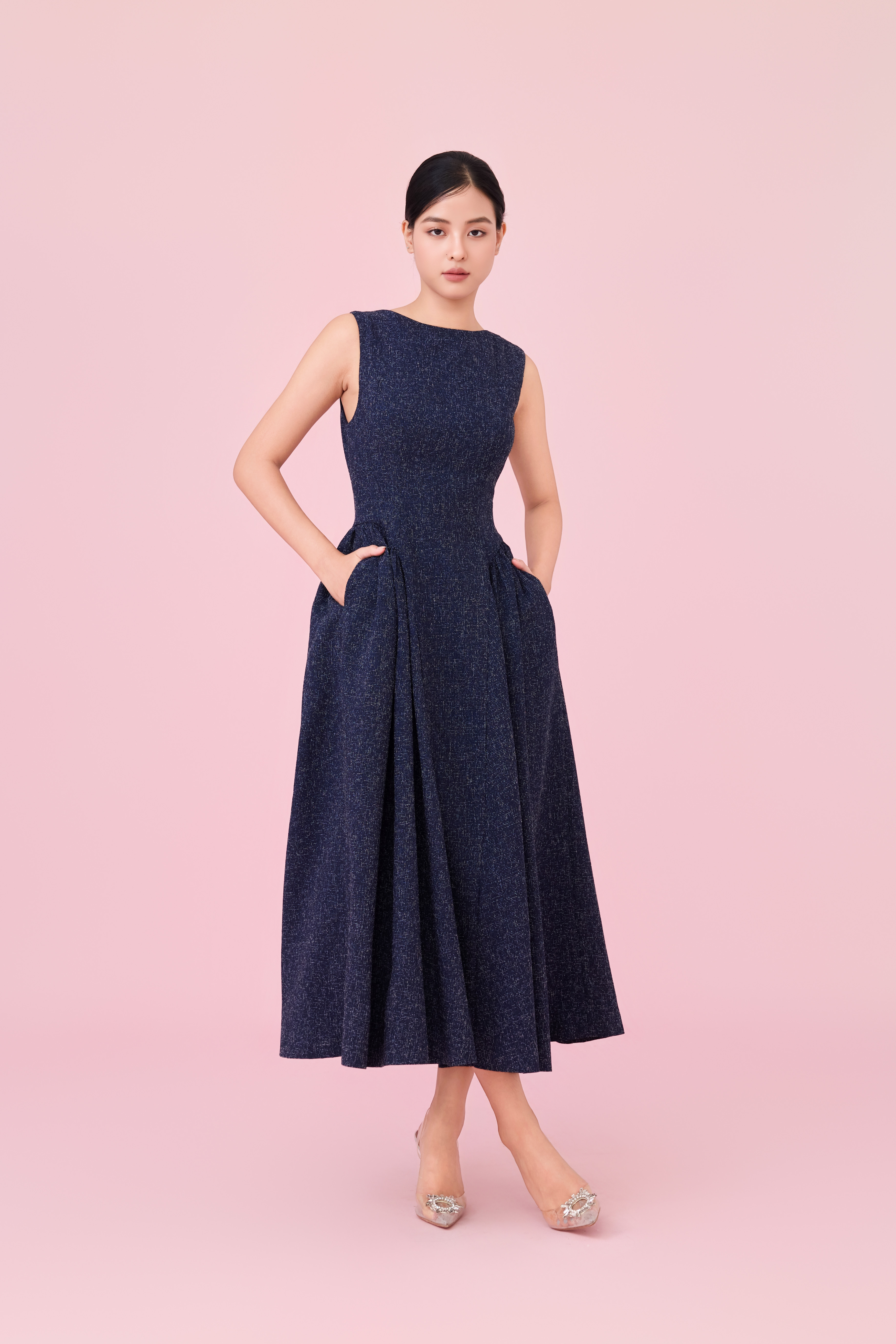 Cherice Navy Tweed Fitted Drop Waist Midi Dress