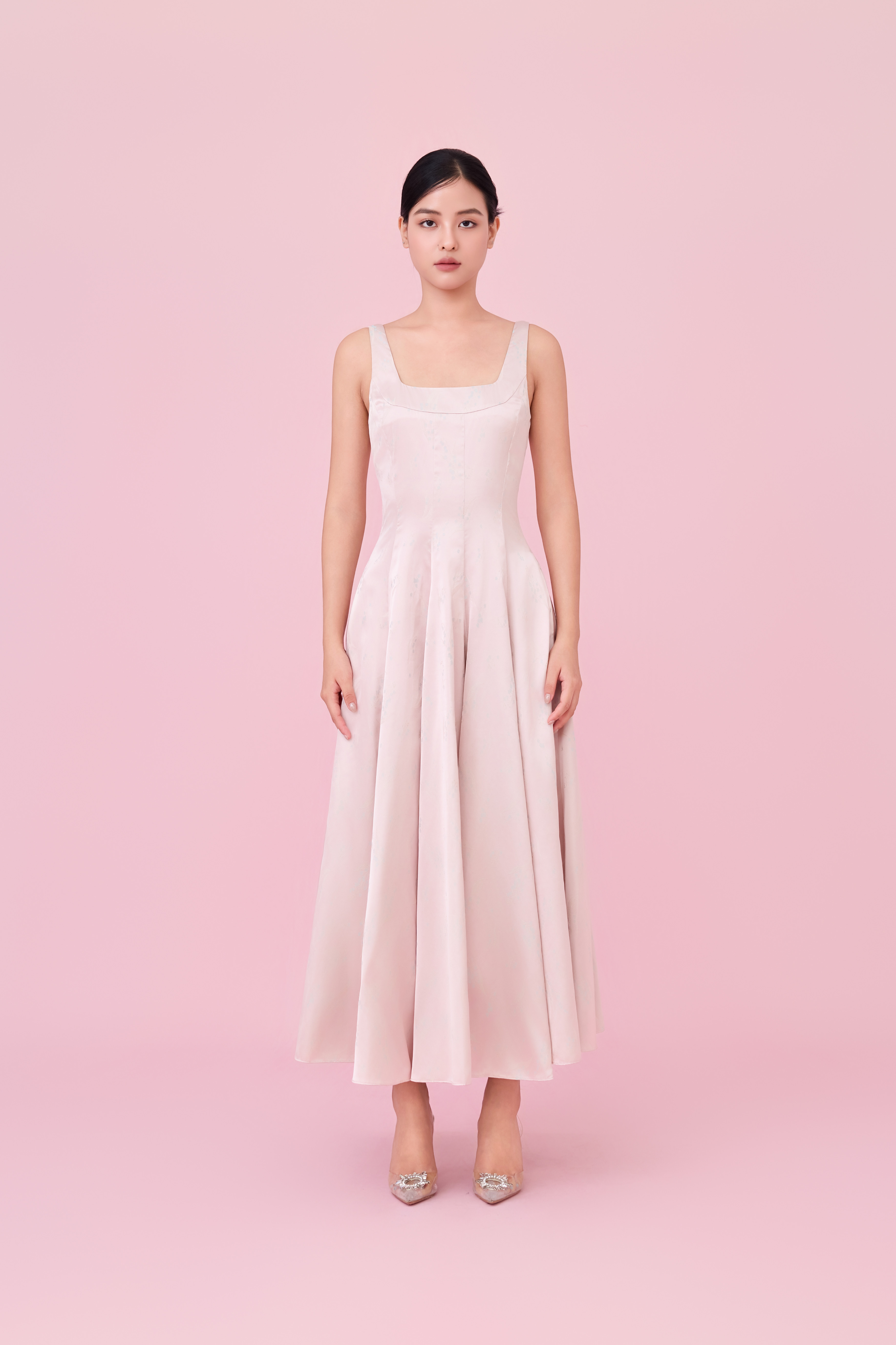 Cherey Light Pink Square Neck A-Line Midi Dress