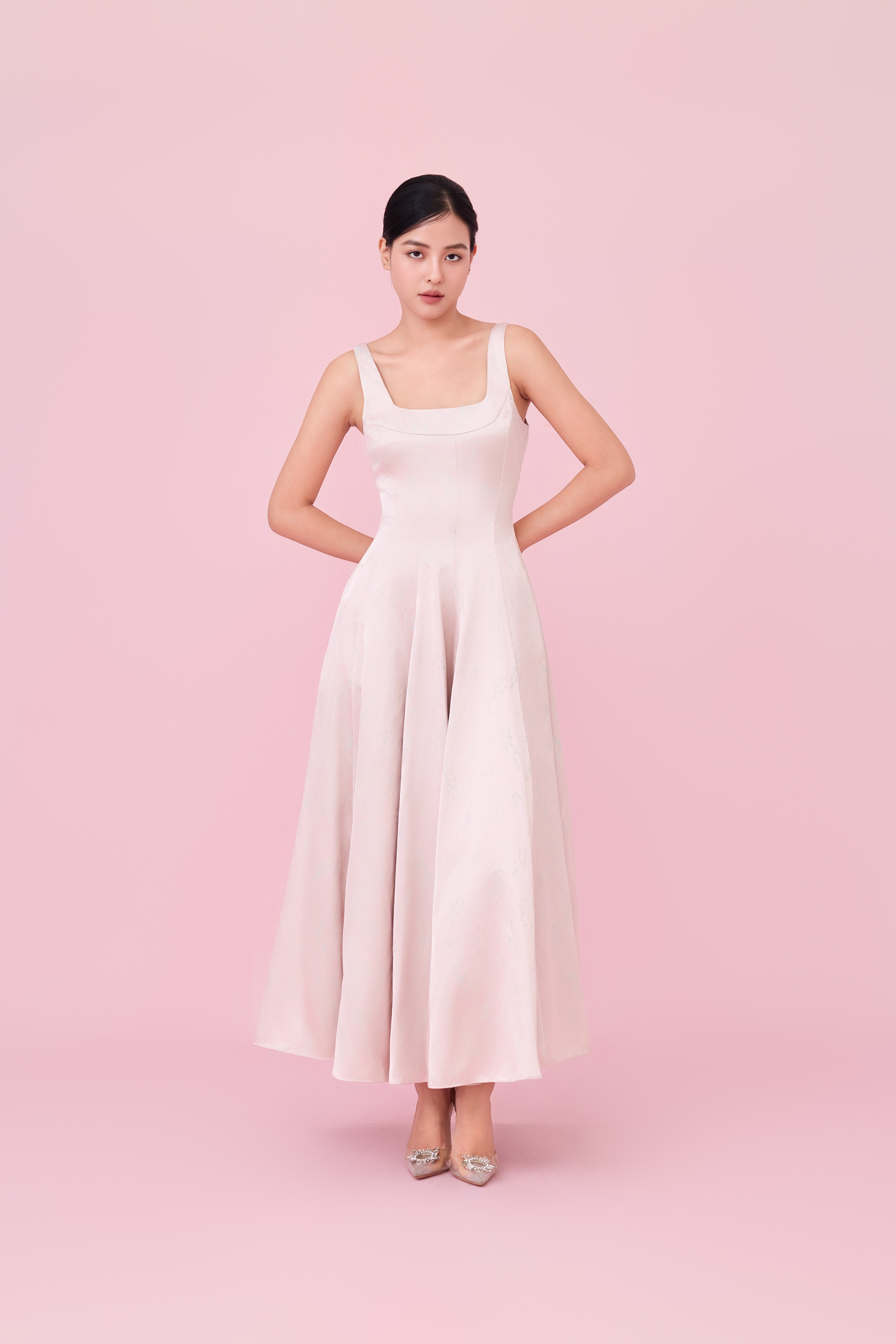 Cherey Light Pink Square Neck A-Line Midi Dress