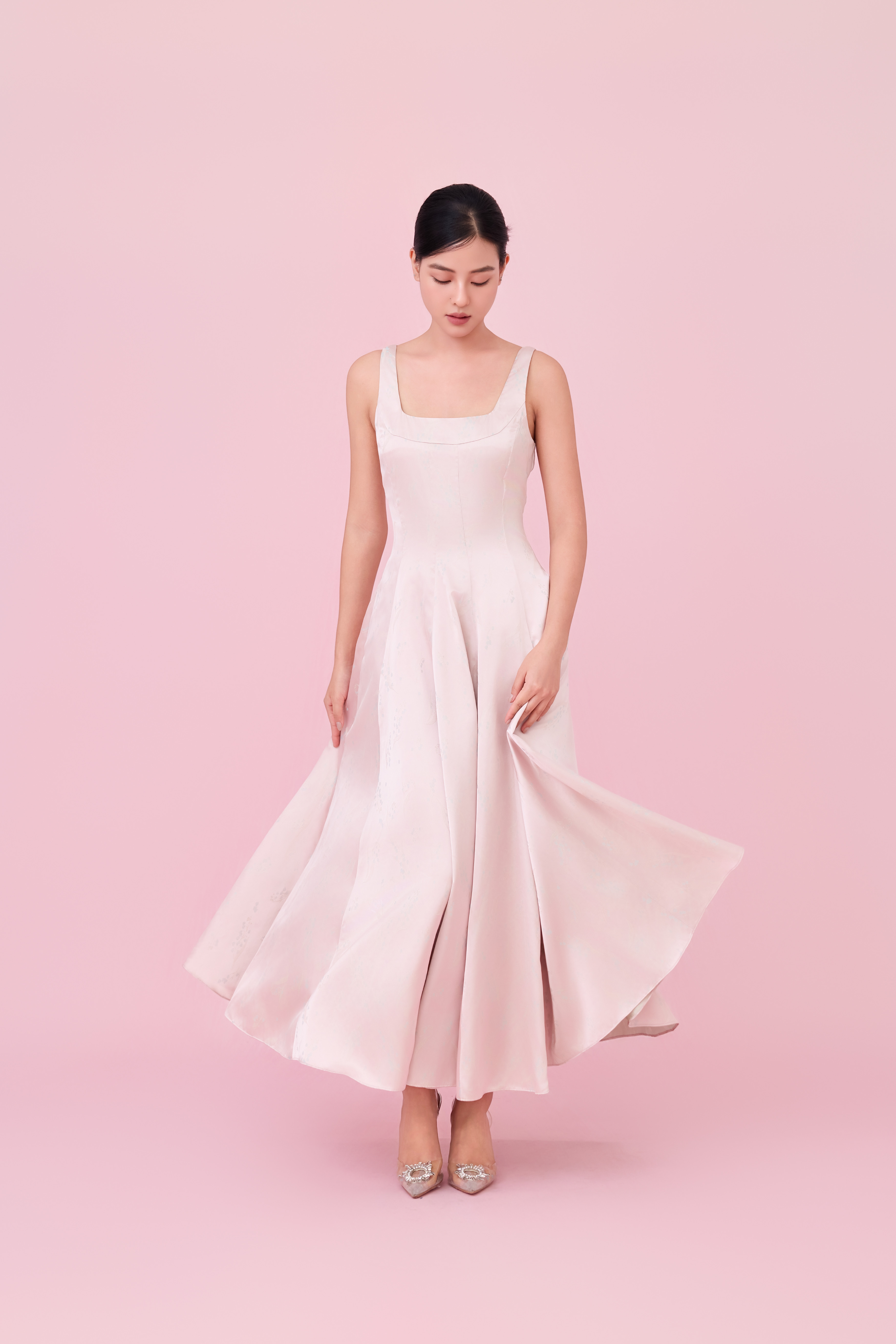 Cherey Light Pink Square Neck A-Line Midi Dress