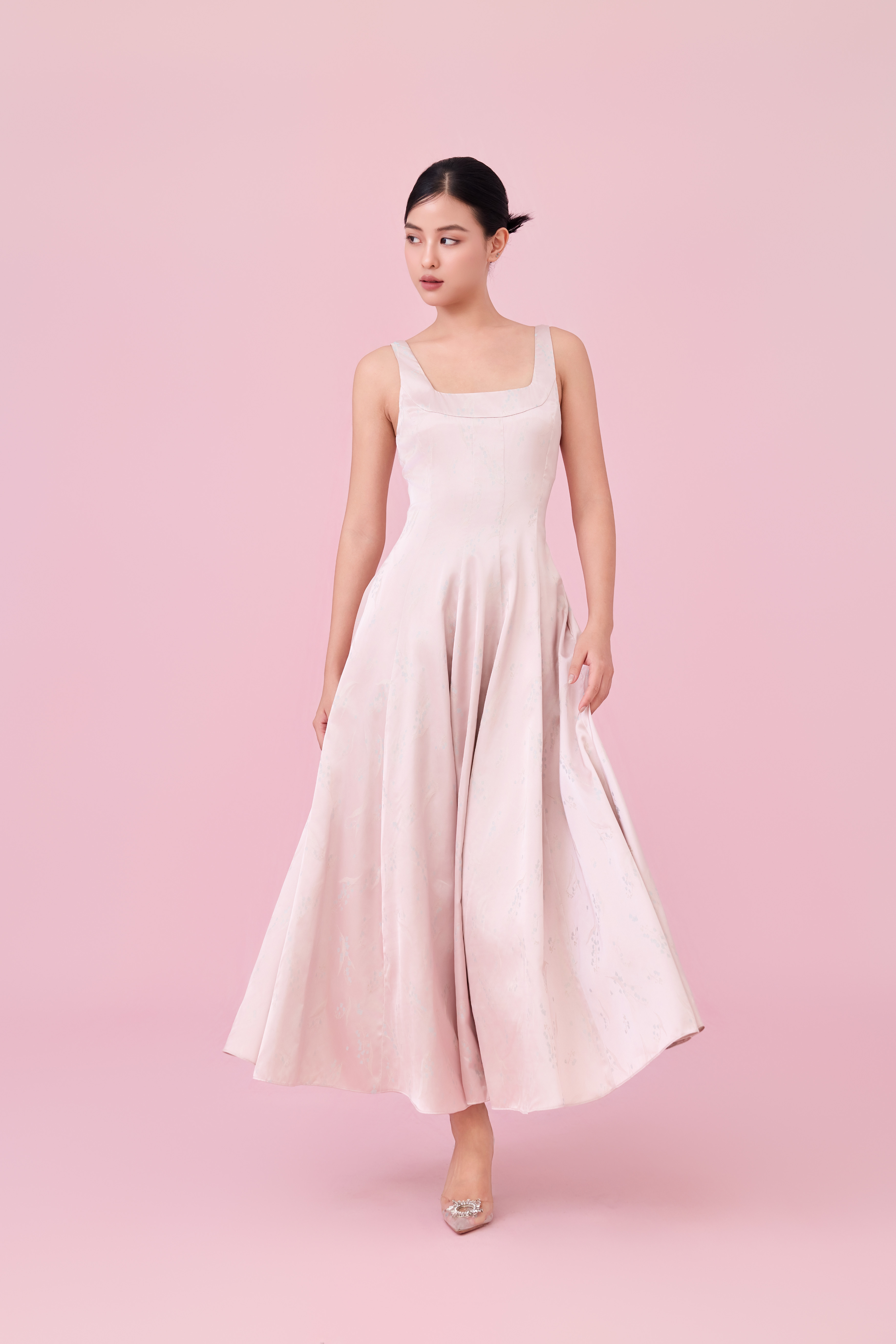 Cherey Light Pink Square Neck A-Line Midi Dress