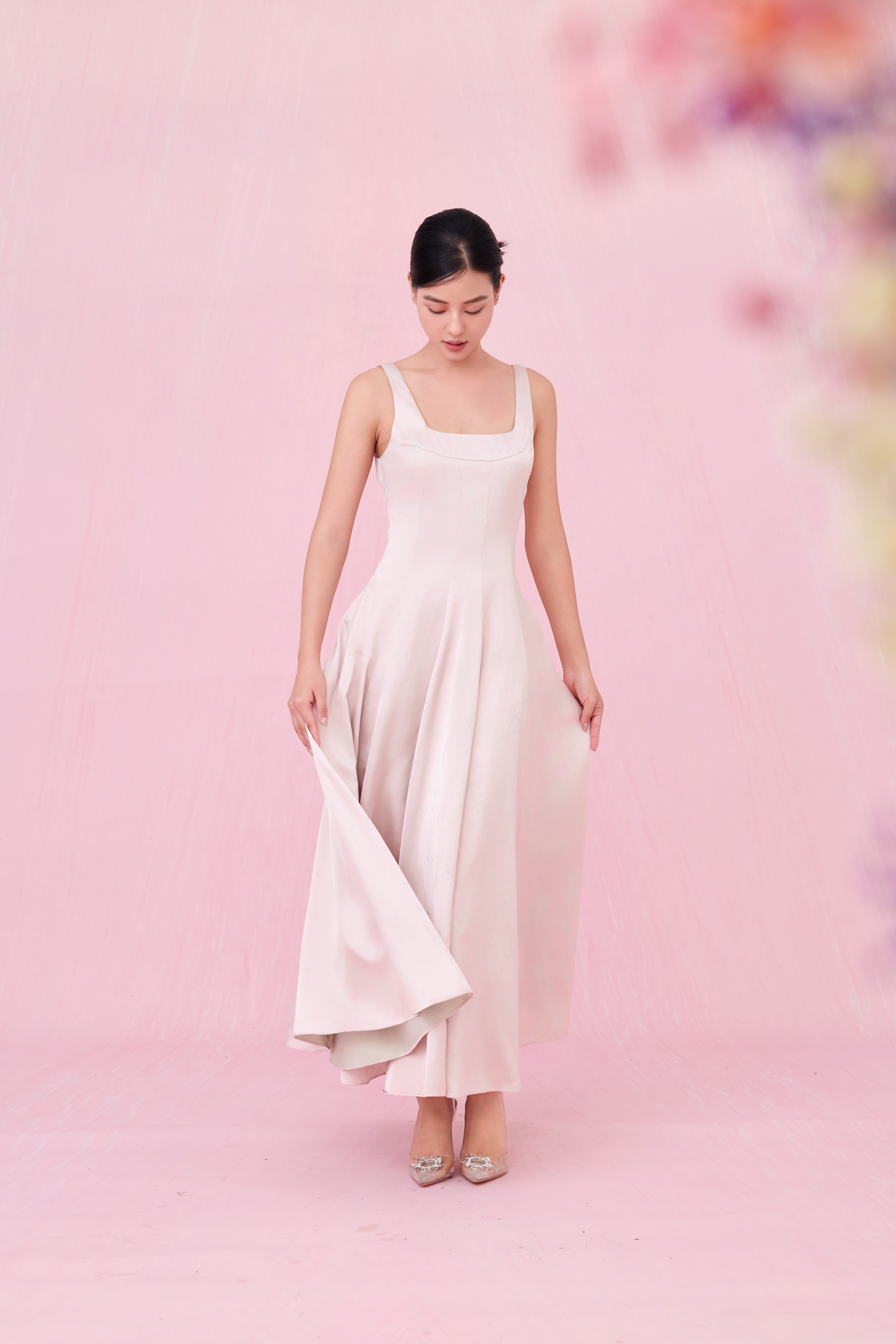 Cherey Light Pink Square Neck A-Line Midi Dress