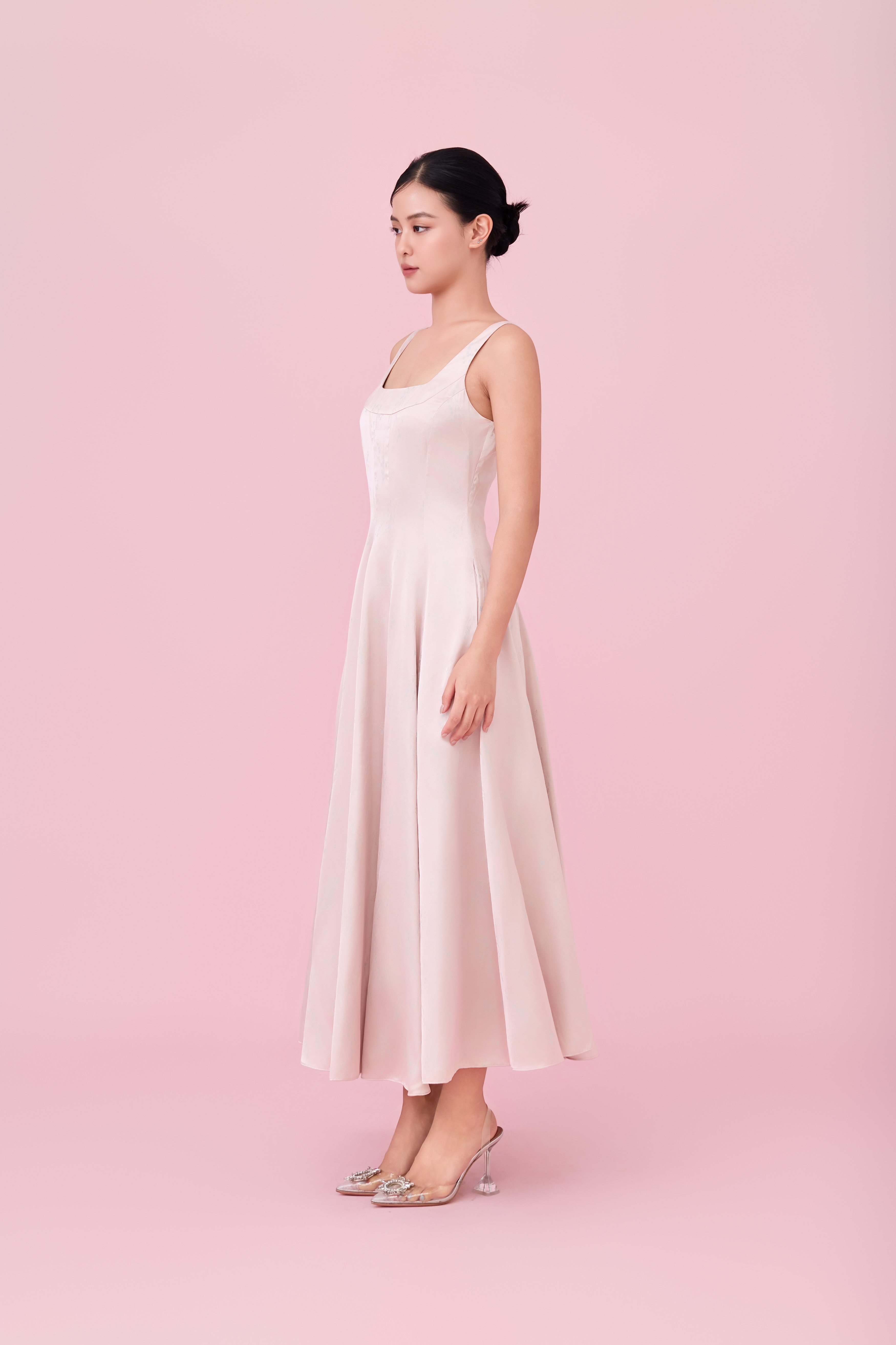 Cherey Light Pink Square Neck A-Line Midi Dress