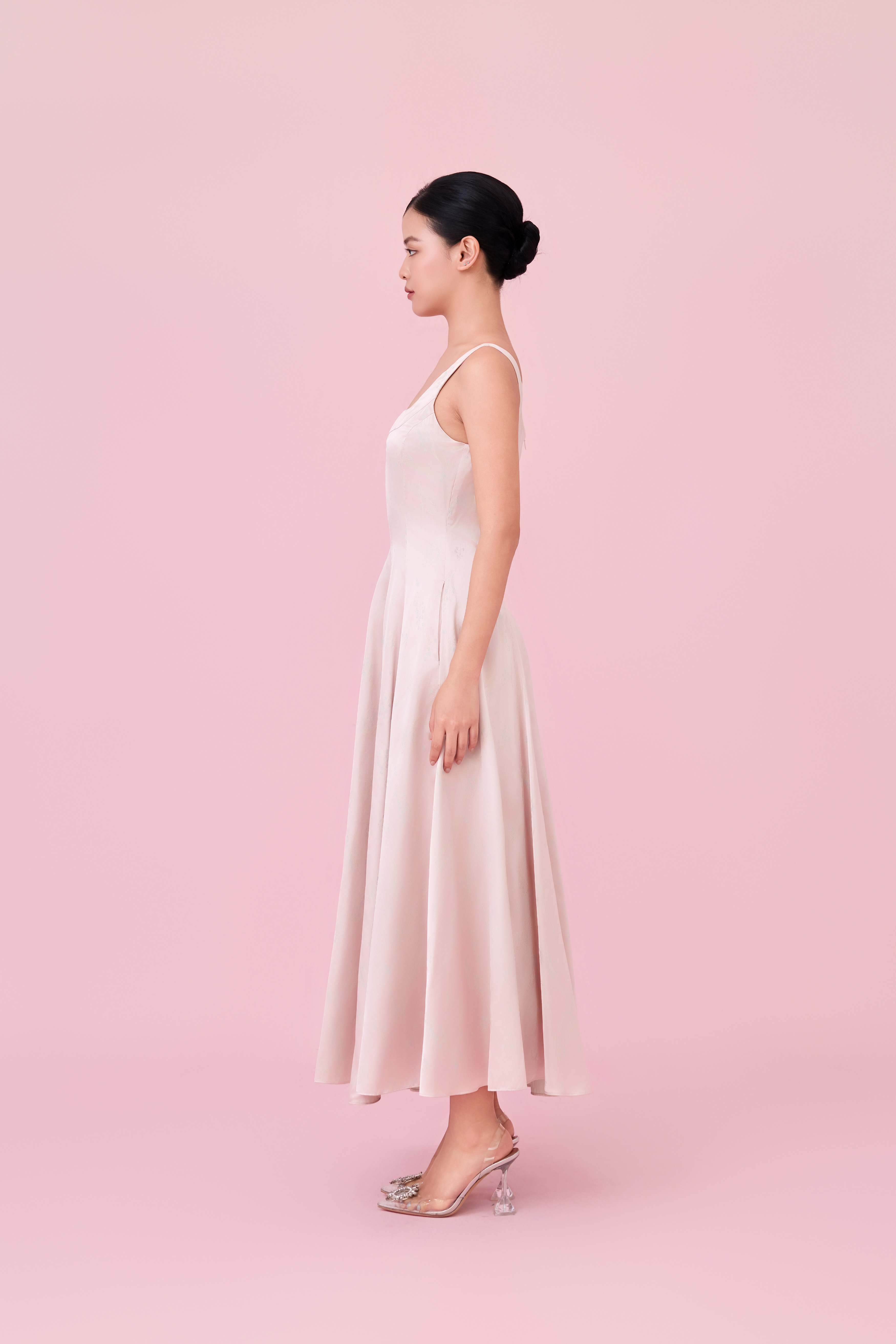 Cherey Light Pink Square Neck A-Line Midi Dress