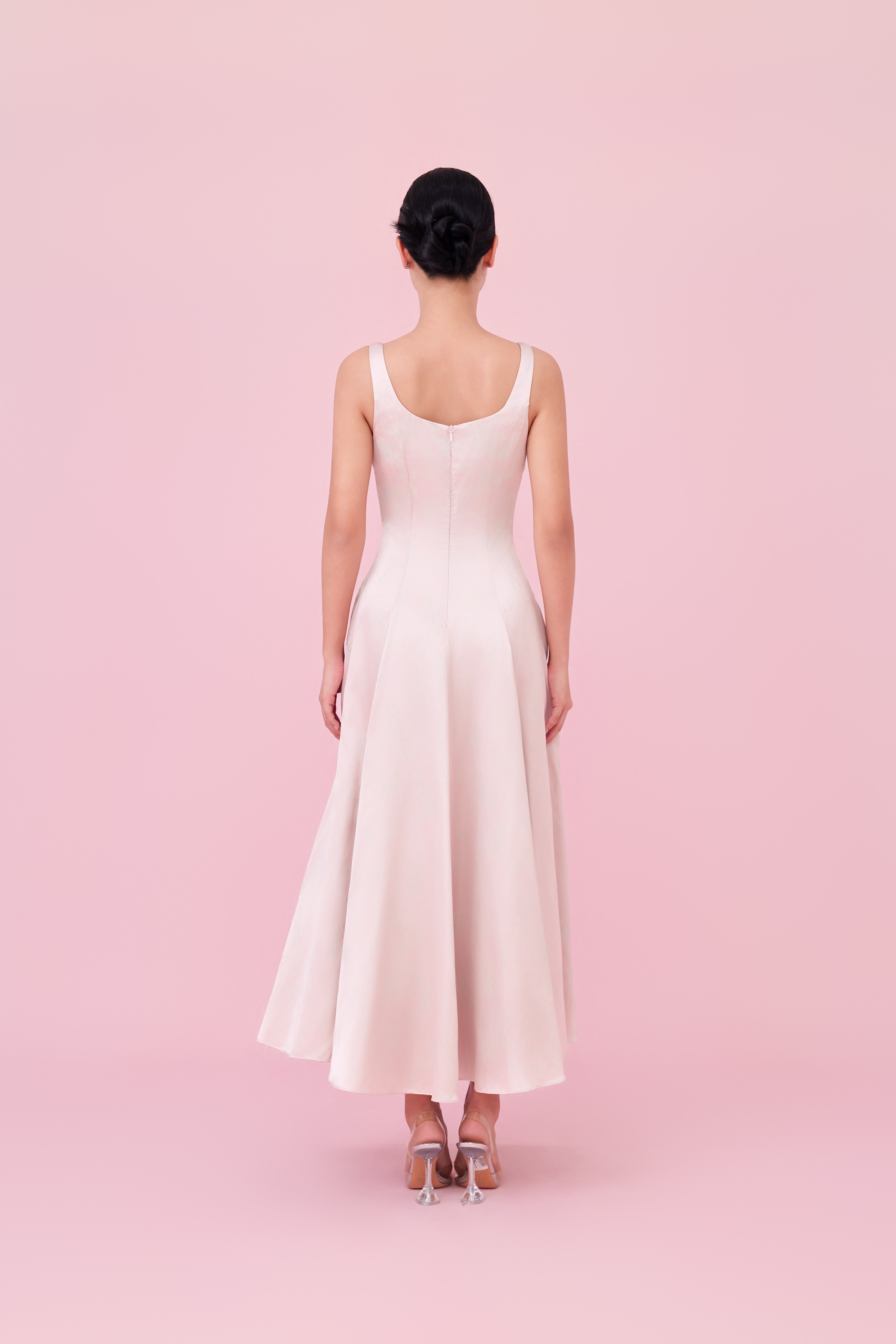 Cherey Light Pink Square Neck A-Line Midi Dress