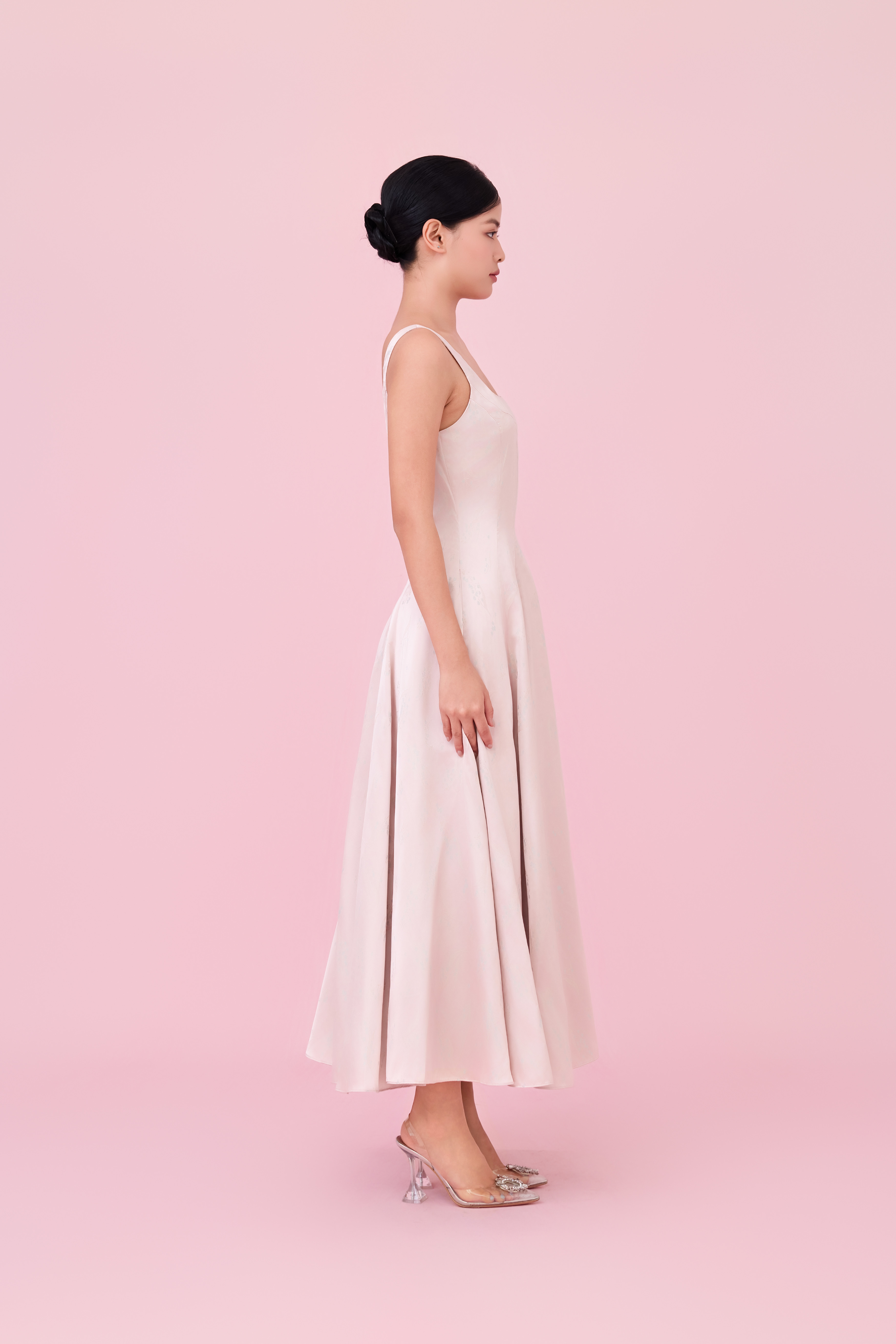 Cherey Light Pink Square Neck A-Line Midi Dress