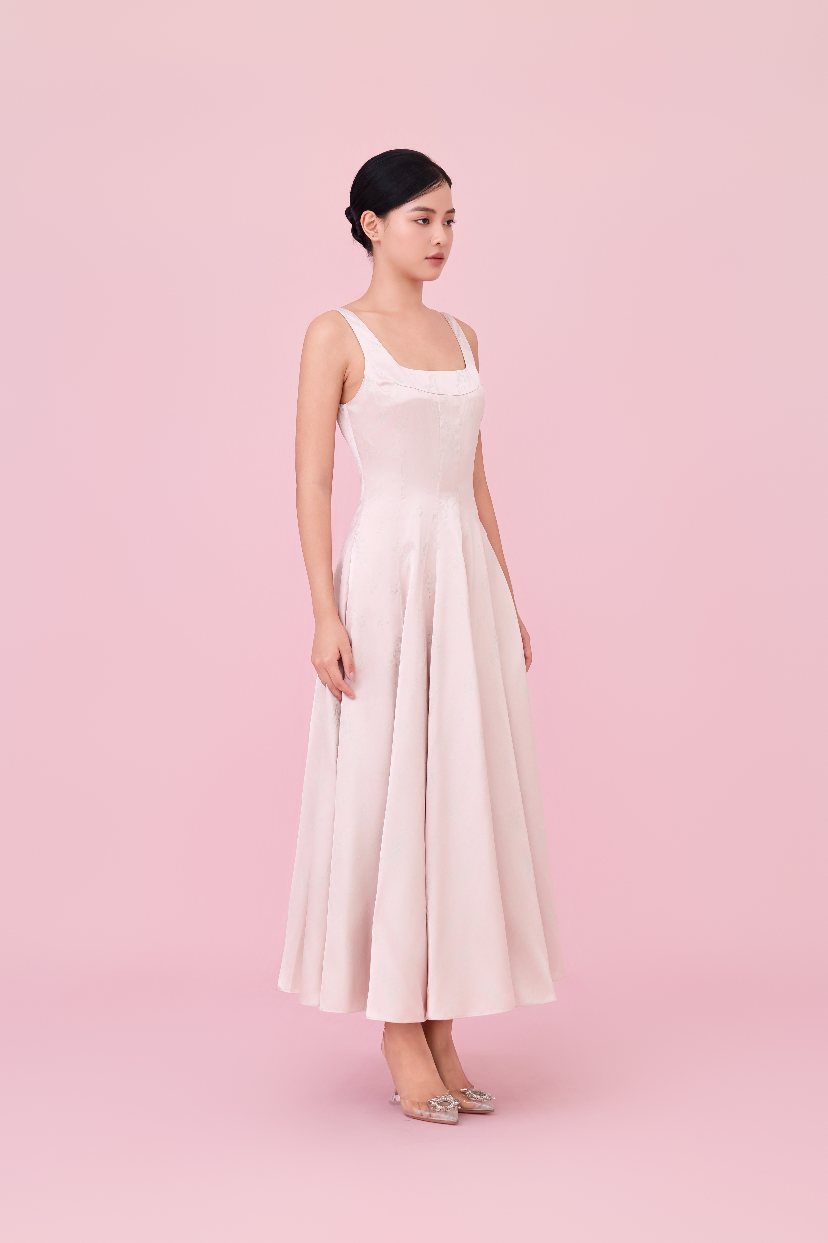 Cherey Light Pink Square Neck A-Line Midi Dress