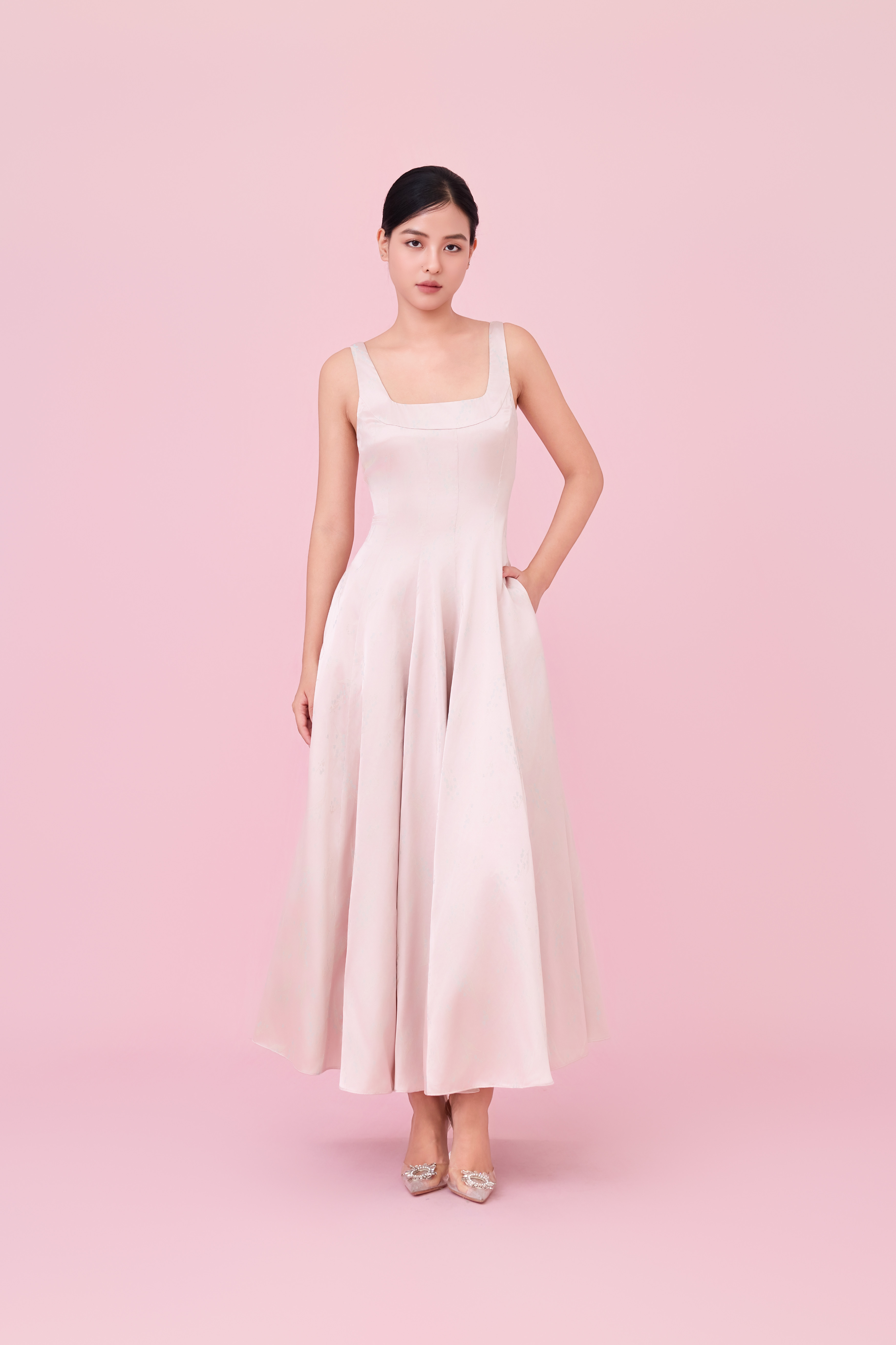 Cherey Light Pink Square Neck A-Line Midi Dress