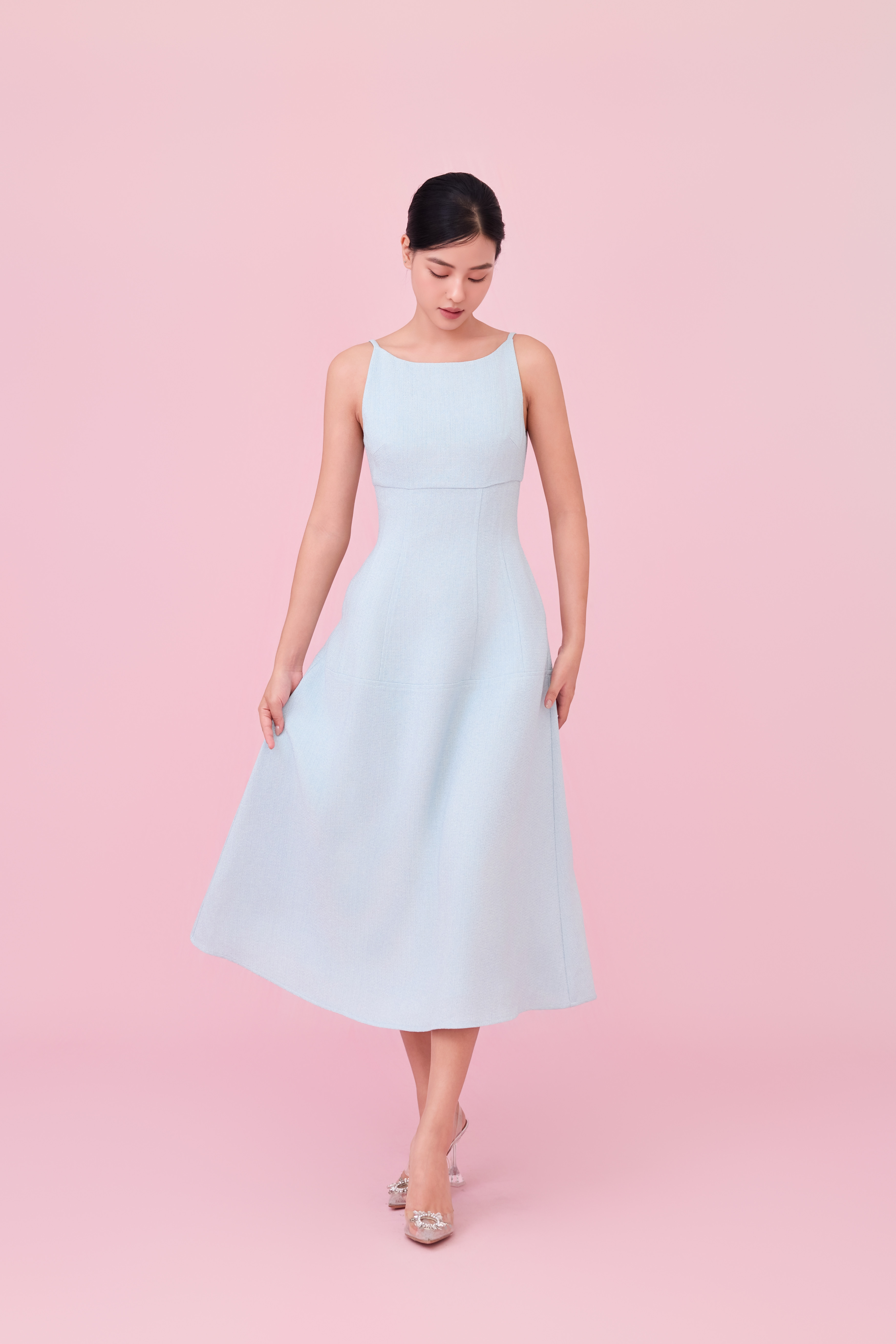 Cherin Light Blue Tweed Midi Dress