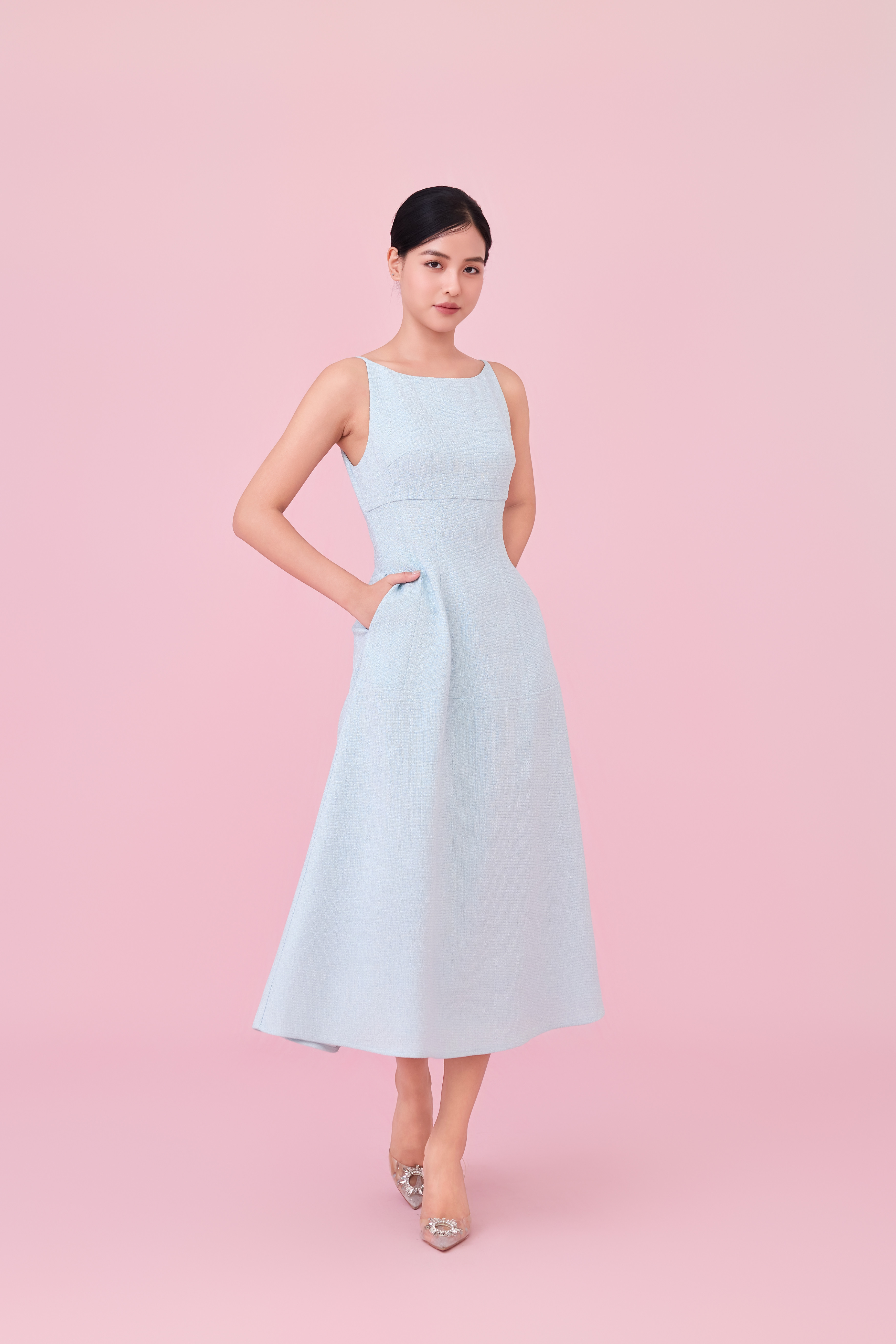Cherin Light Blue Tweed Midi Dress