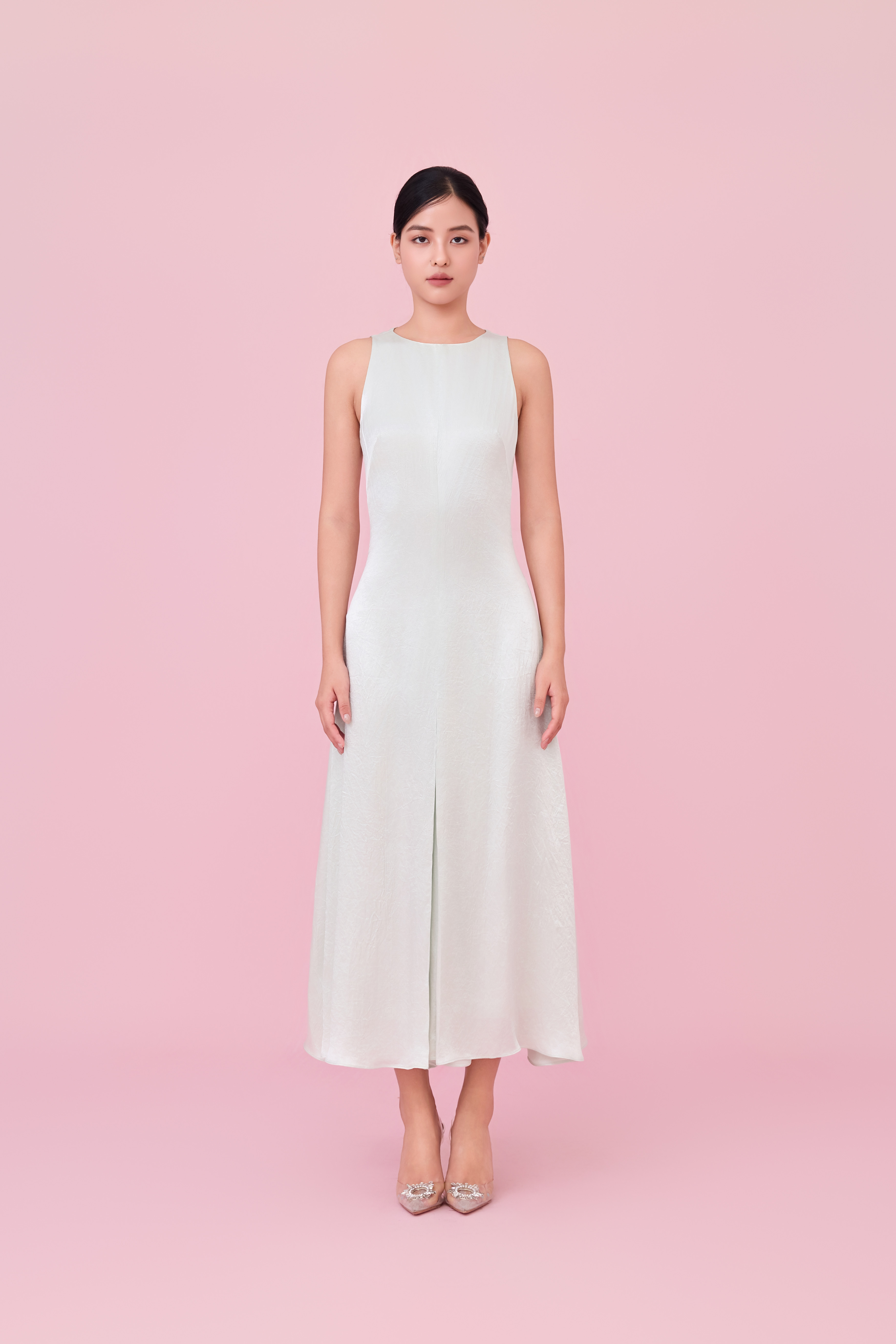 Cherilin Light Green High-Neck Sleeveless A-Line Dress