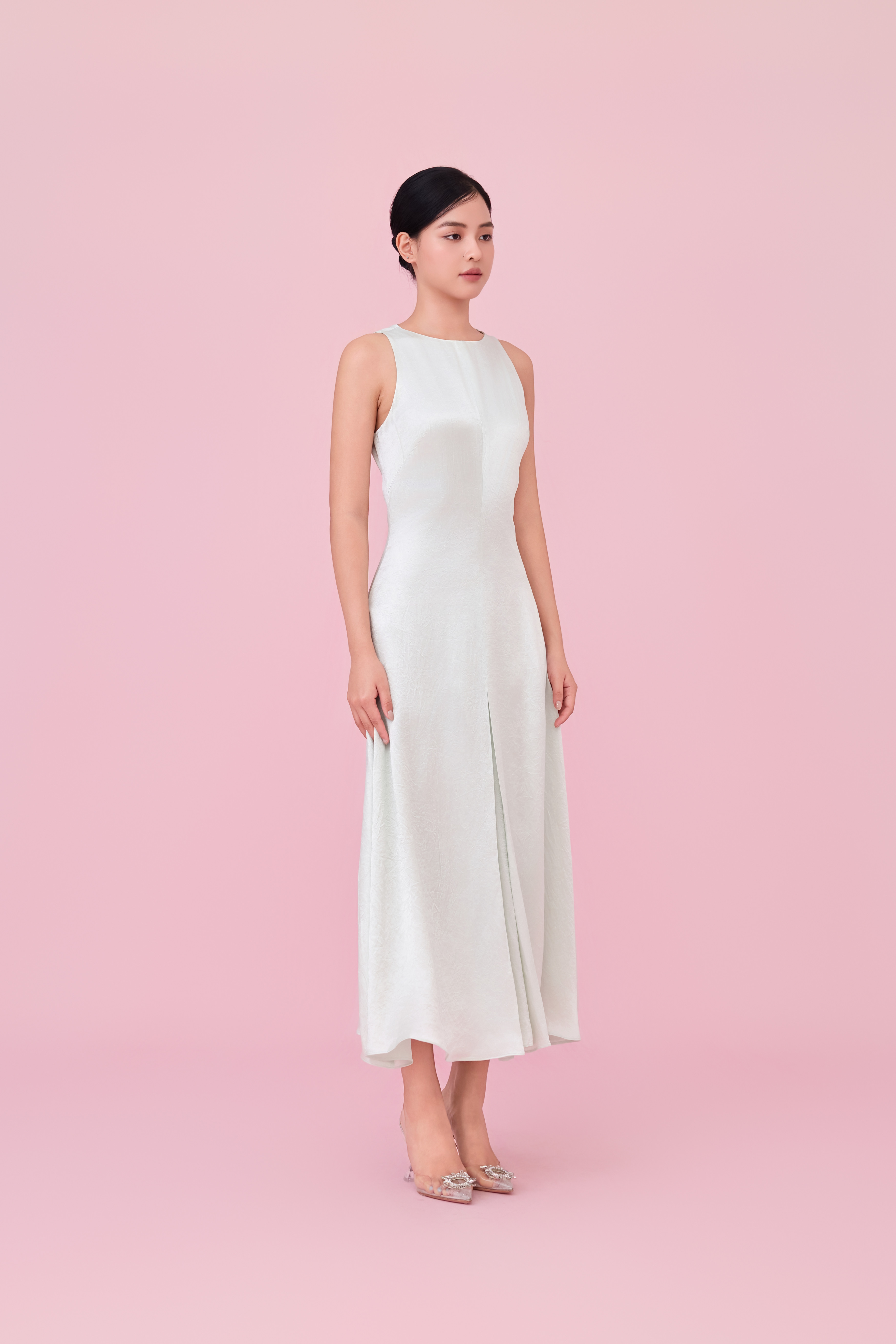 Cherilin Light Green High-Neck Sleeveless A-Line Dress