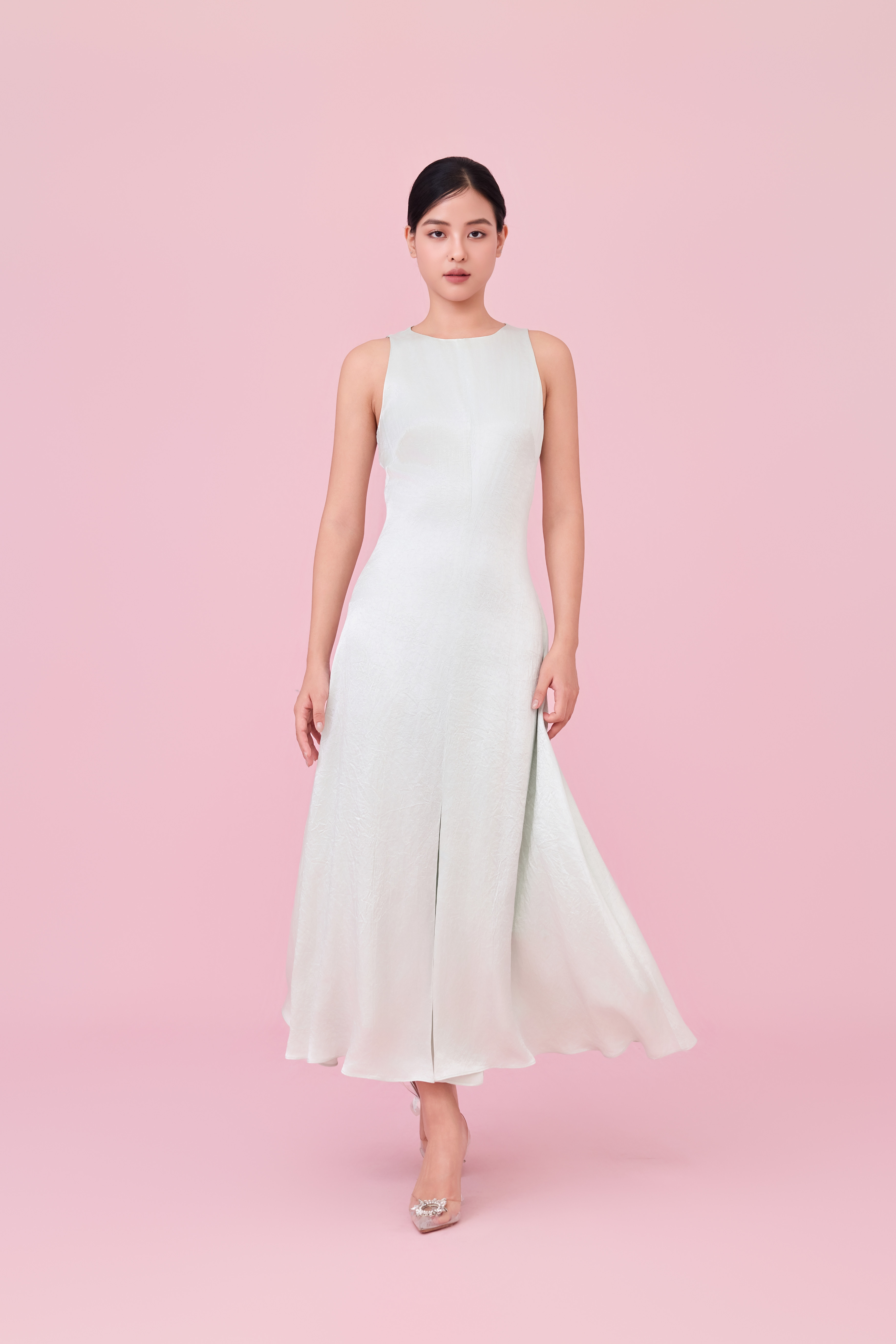 Cherilin Light Green High-Neck Sleeveless A-Line Dress