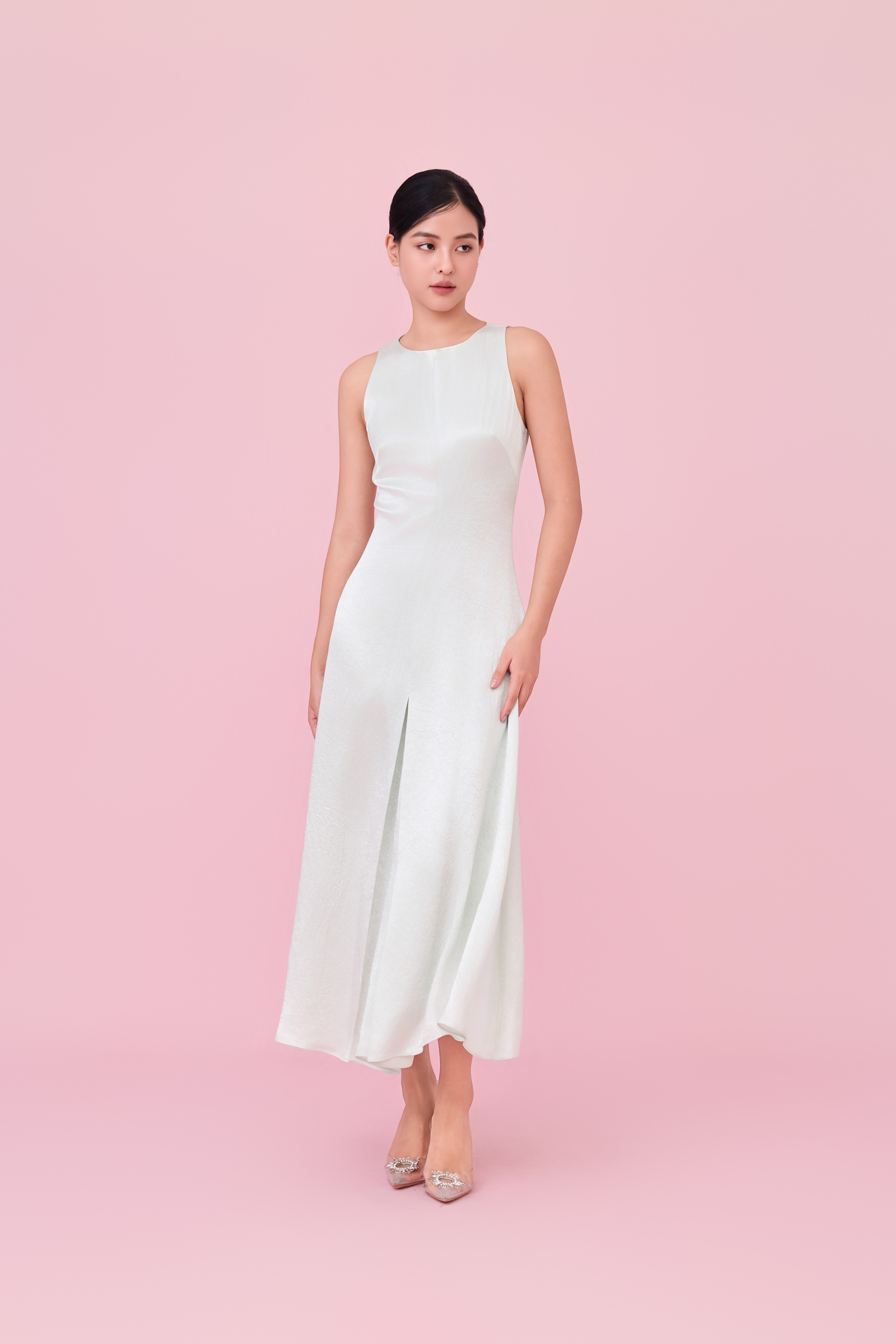 Cherilin Light Green High-Neck Sleeveless A-Line Dress