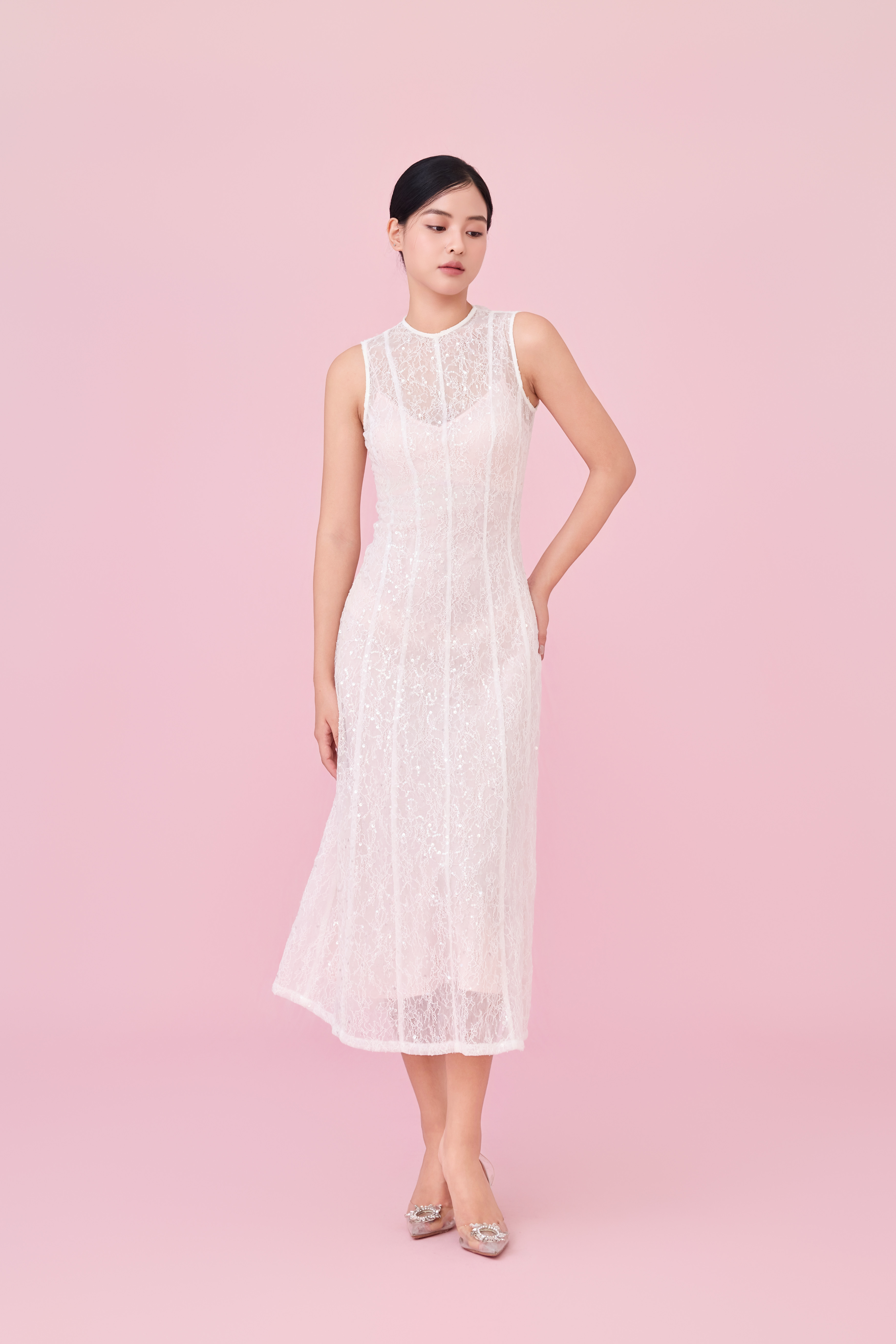 Charilyn White Lace With Sequins Embellishment Dress